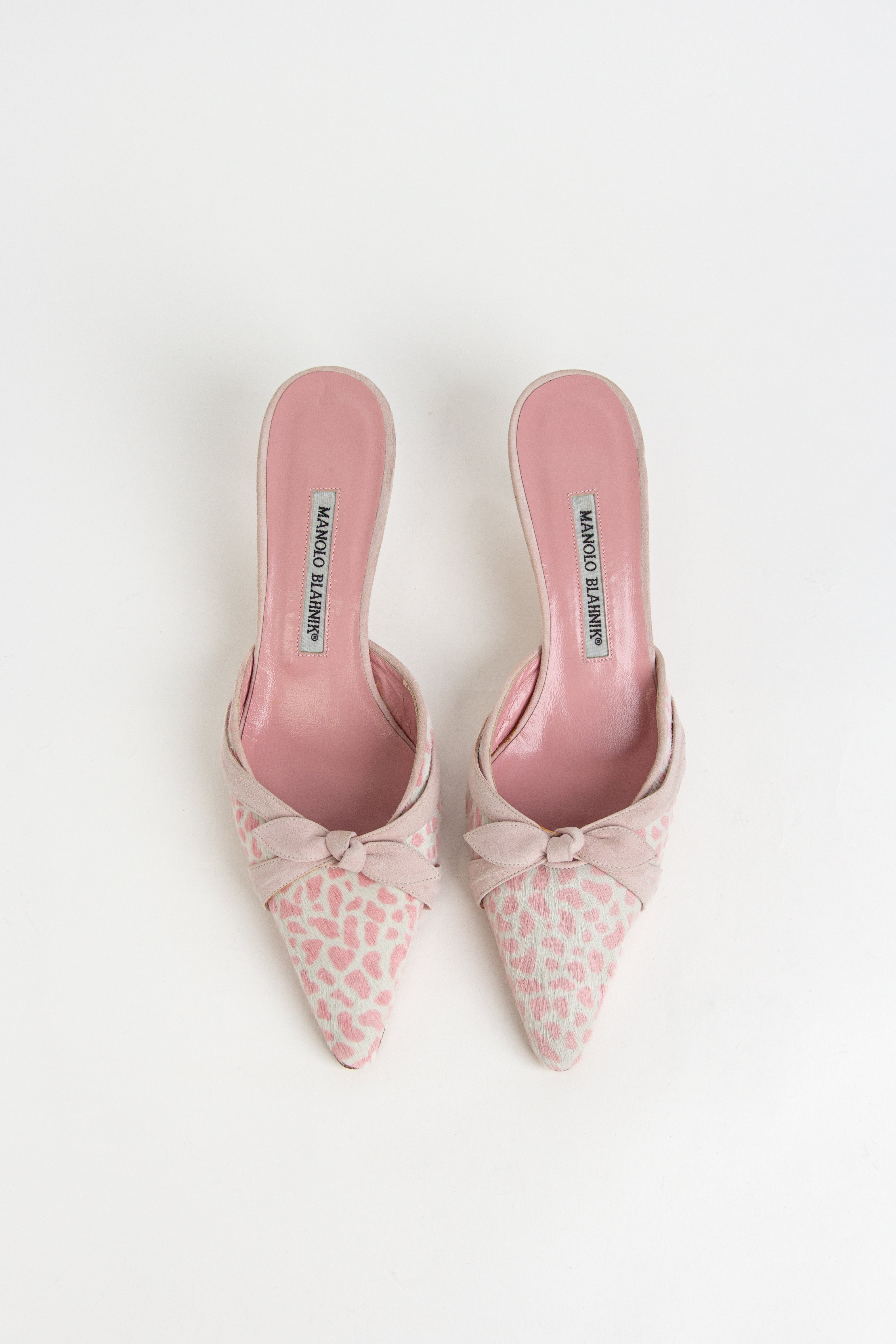 Manolo Blahnik Pink Animal Print Pony Hair Mules (IT 38)