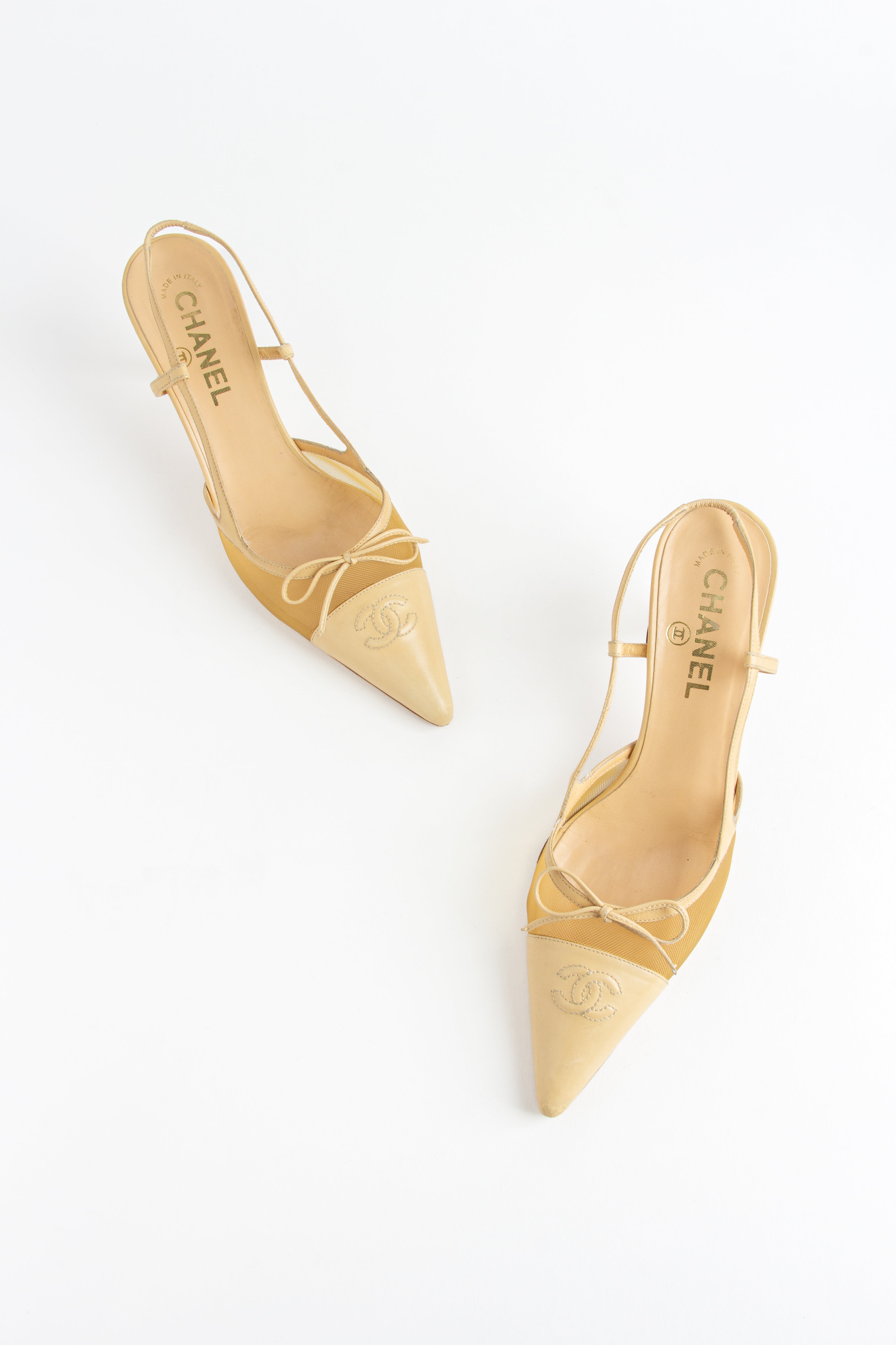 Chanel Beige Mesh Bow Slingback Heels (IT 38.5)