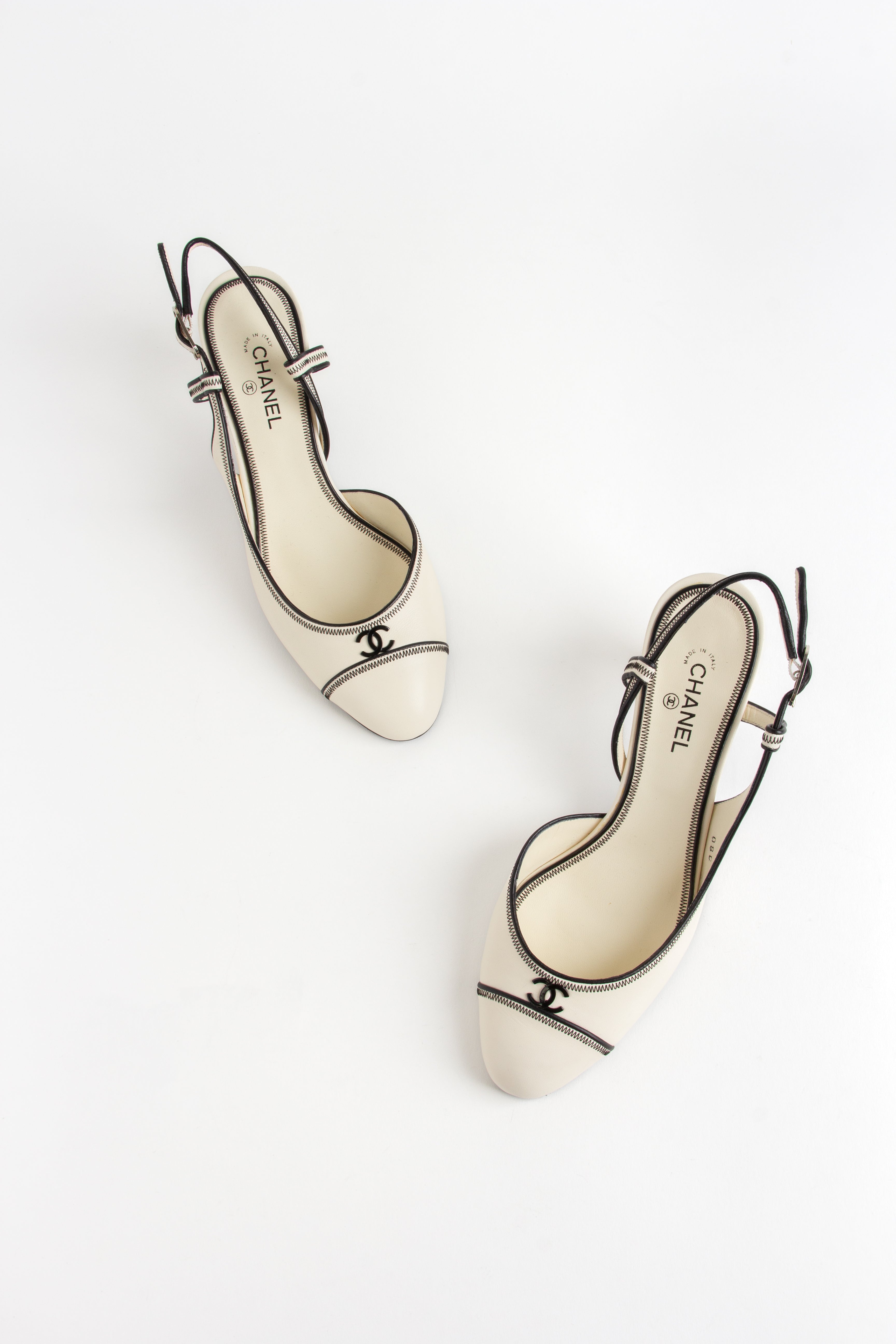 Rare Chanel Ivory + Black CC Slingback Heels (IT 37)