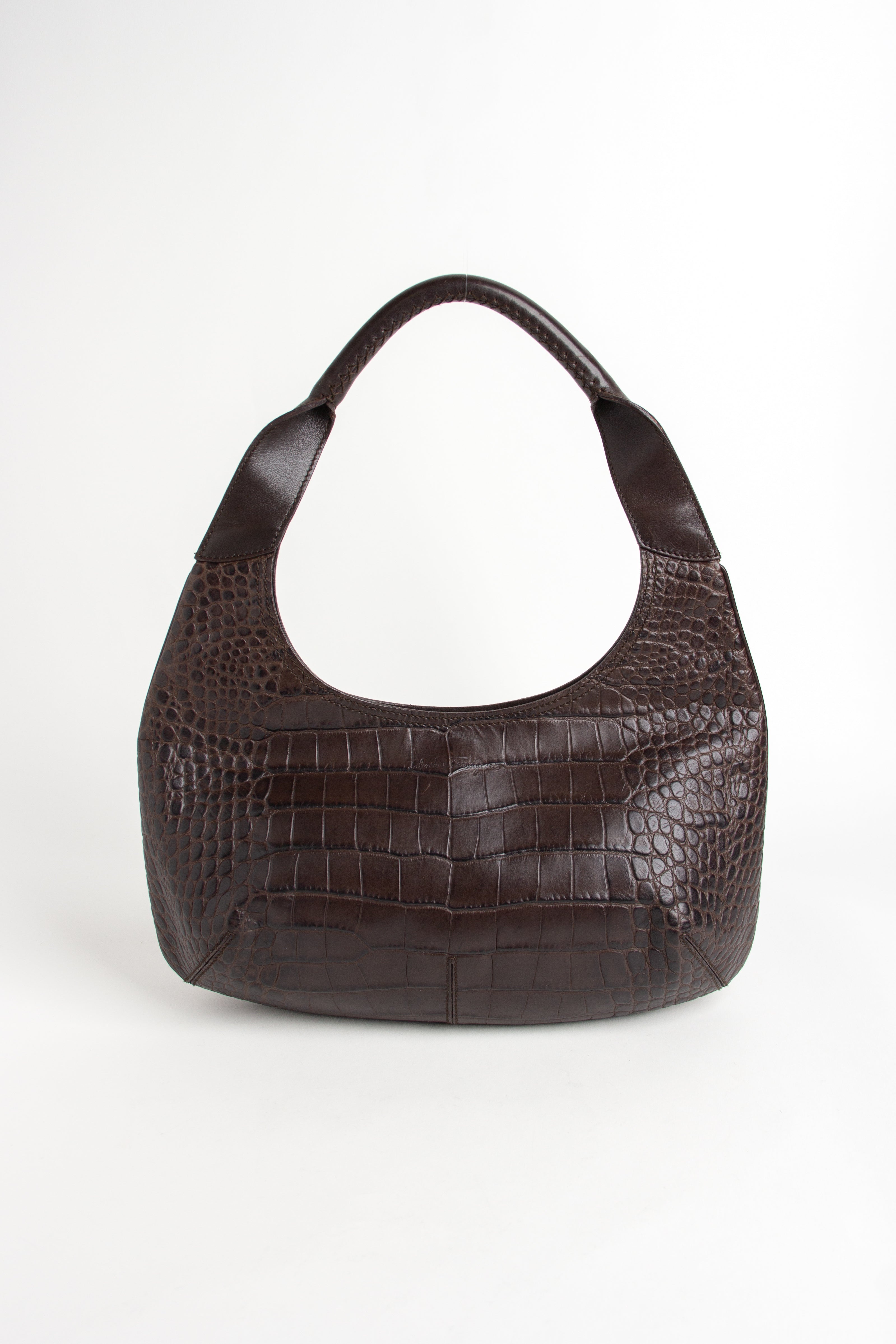 Ferragamo Brown Croc Embossed Shoulder Bag