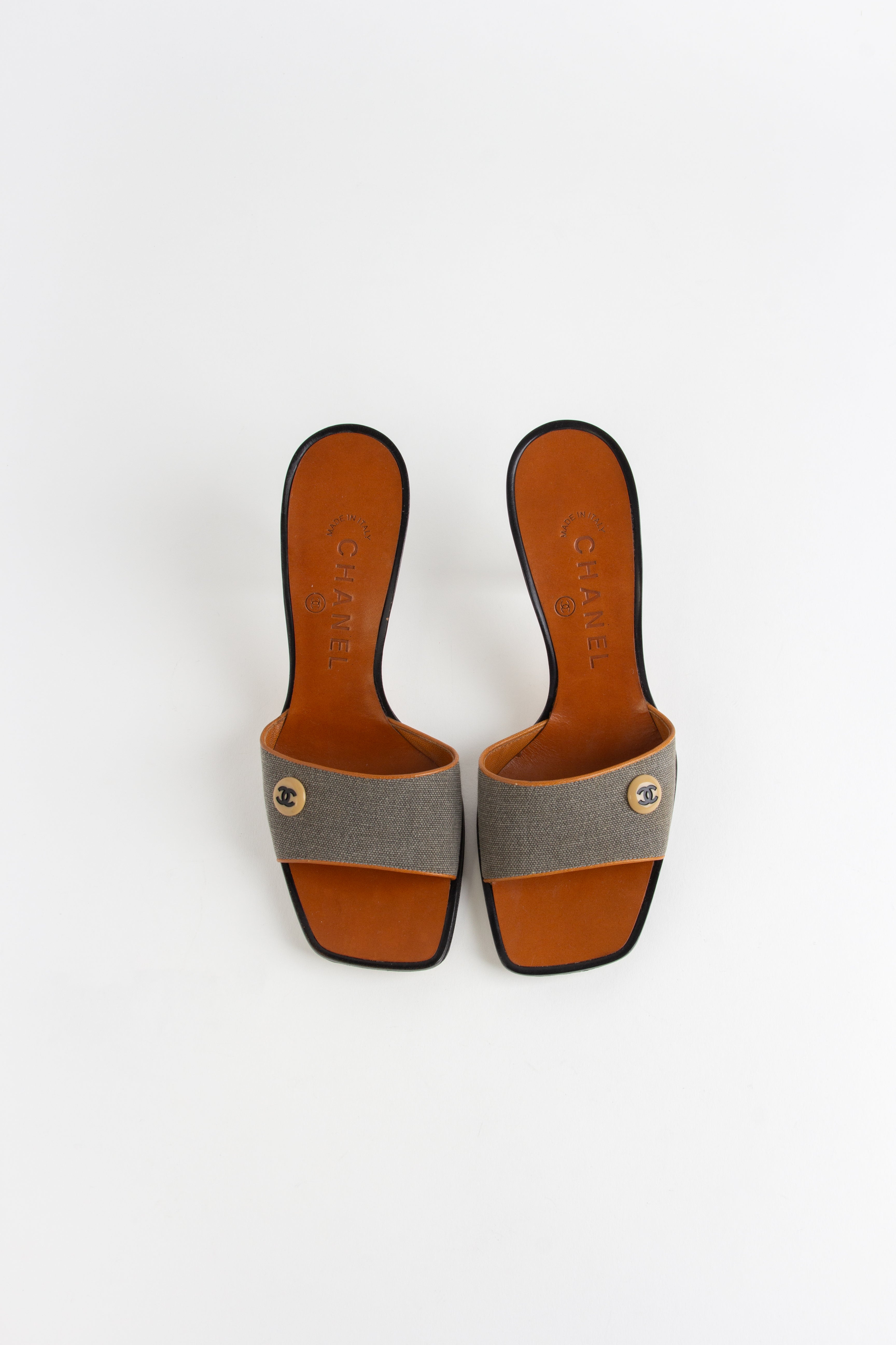 Chanel Grey + Brown Square Toe CC Fabric Heels (IT 35.5)