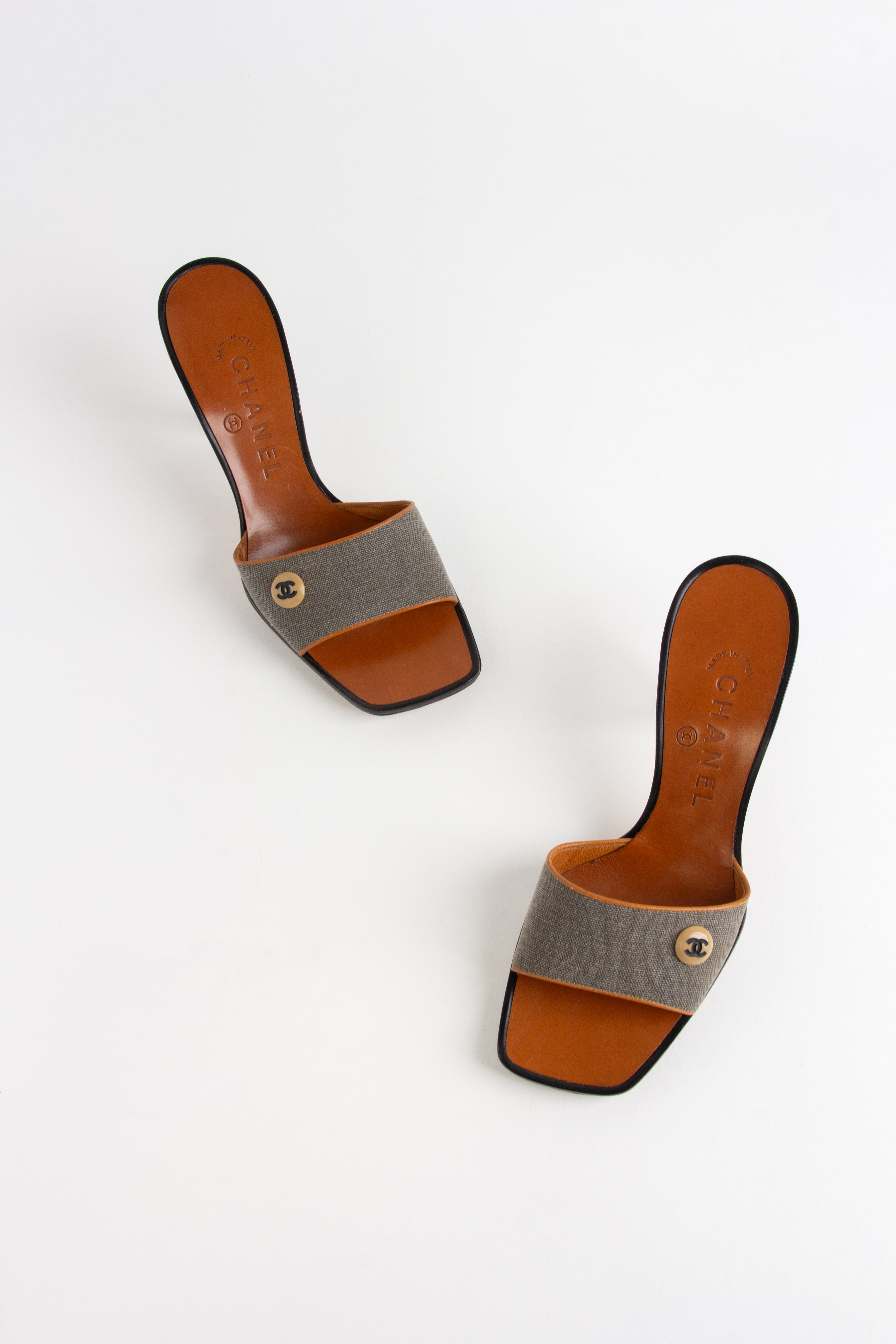 Chanel Grey + Brown Square Toe CC Fabric Heels (IT 35.5)