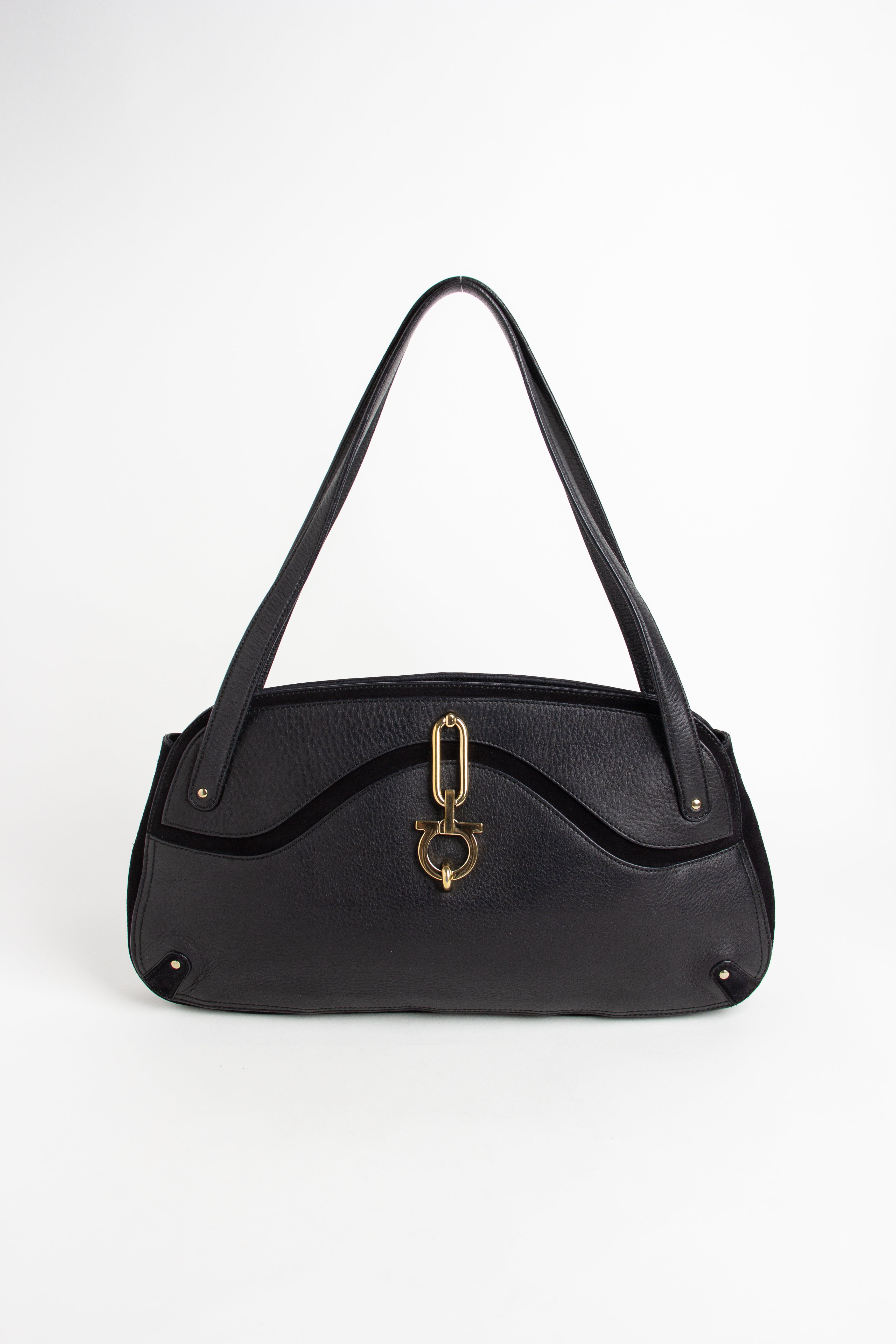 Ferragamo Black Leather + Suede Gancini Shoulder Bag