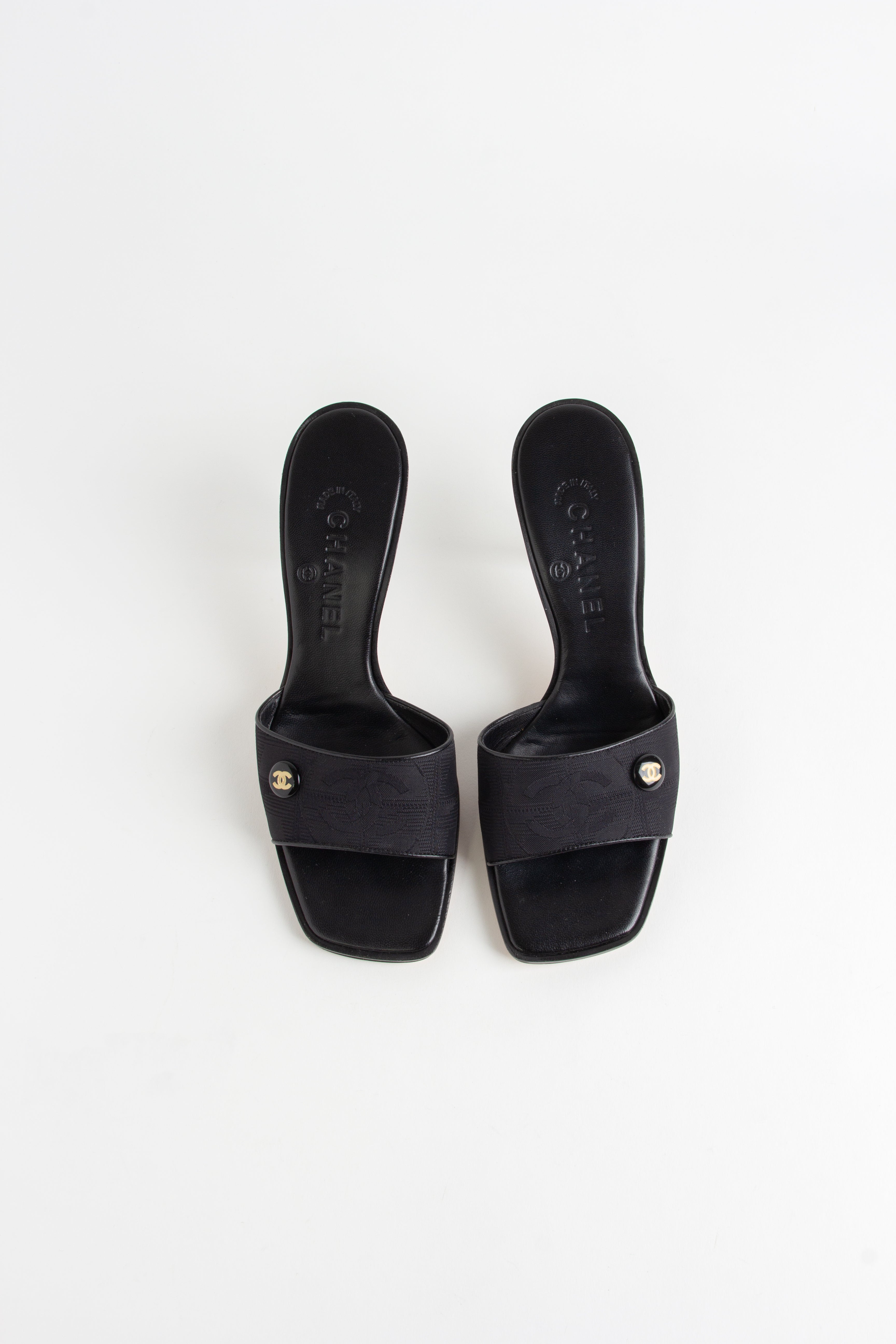 Chanel Black Square Toe CC Fabric Heels (IT 37.5)