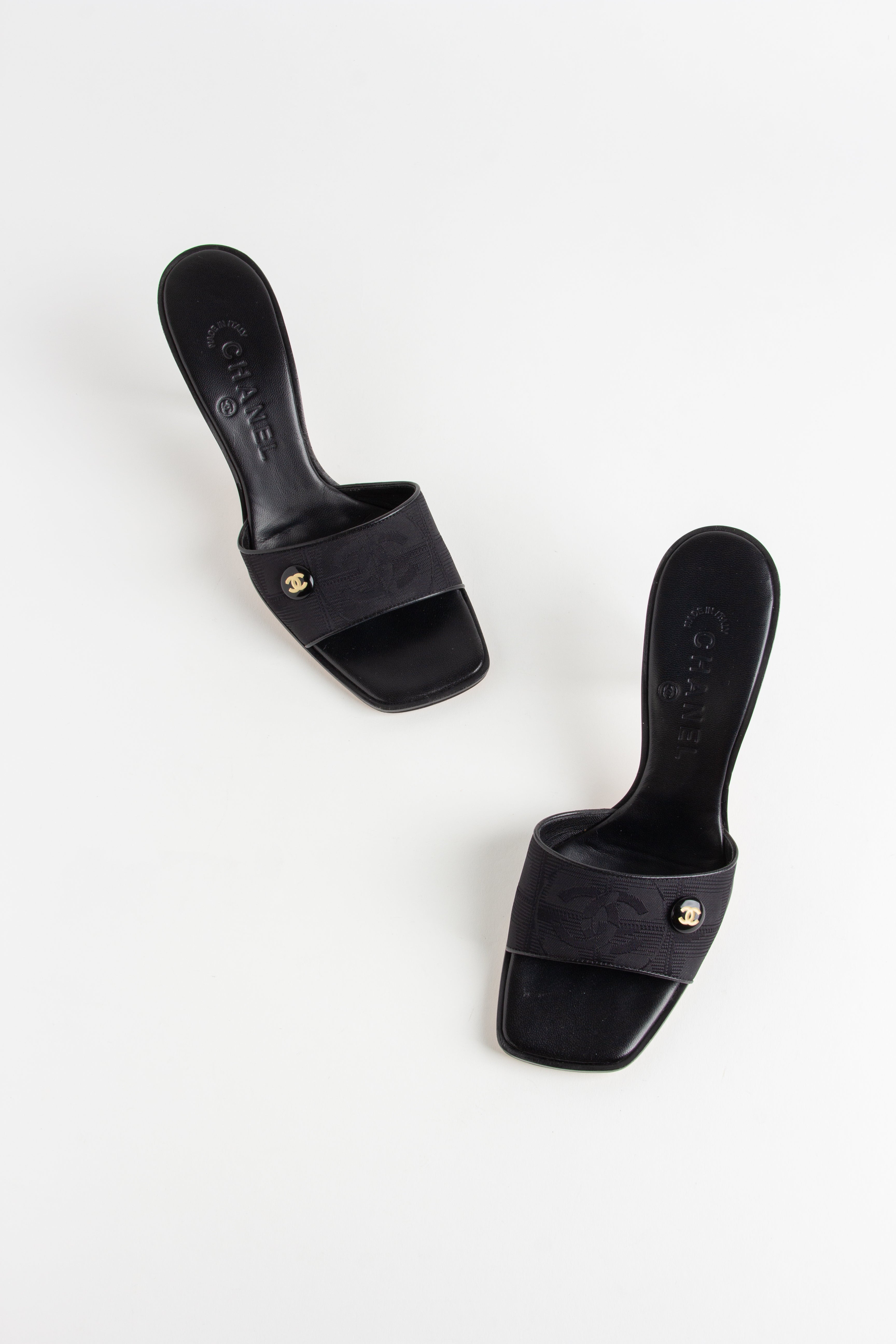 Chanel Black Square Toe CC Fabric Heels (IT 37.5)