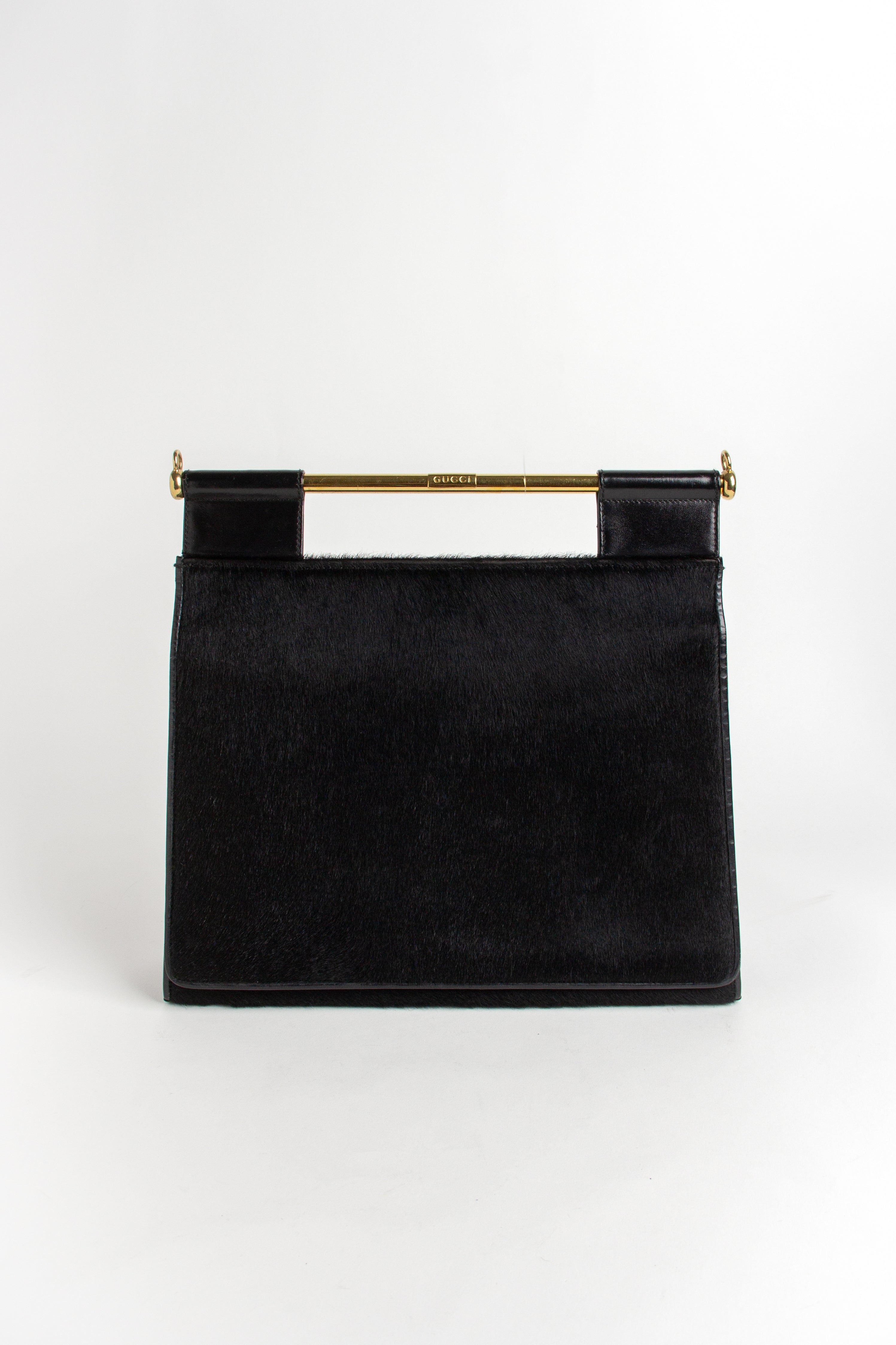 Rare Gucci by Tom Ford Black Pony Hair Gold Bar Bag
