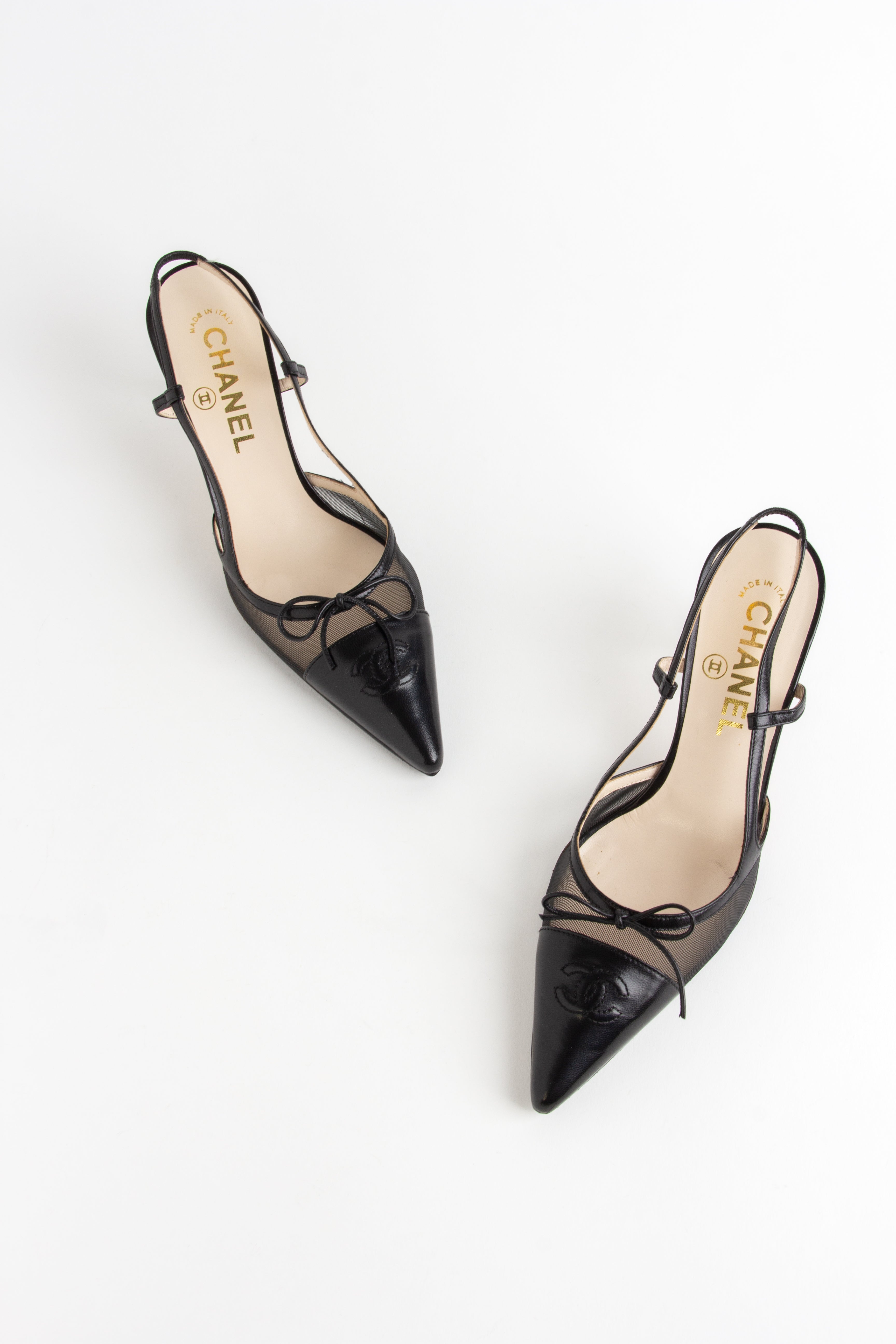 Chanel Black Mesh CC Bow Slingback Heels (IT 36)