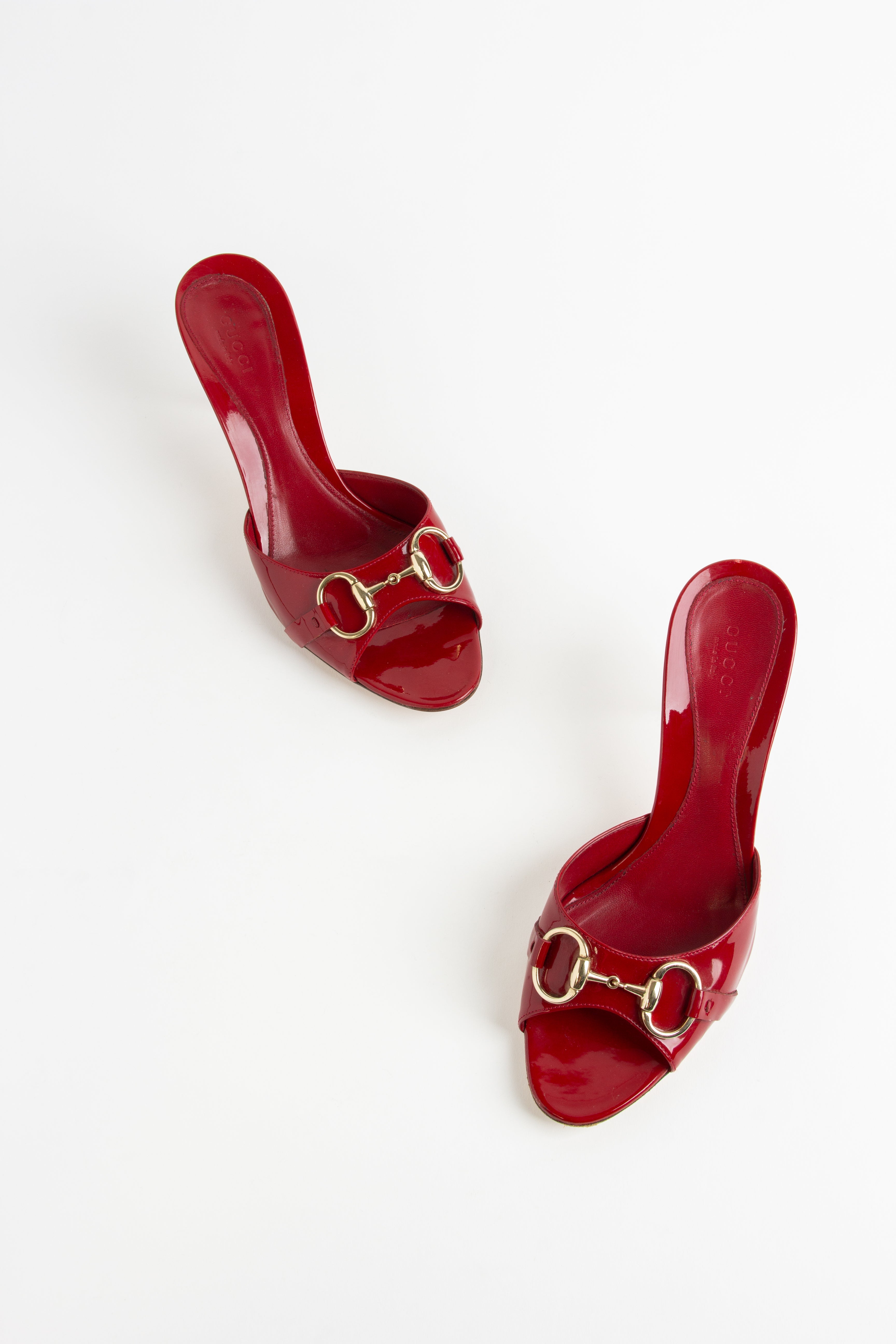 Gucci Red + Gold Horsebit Open Toe Heels (US 8)