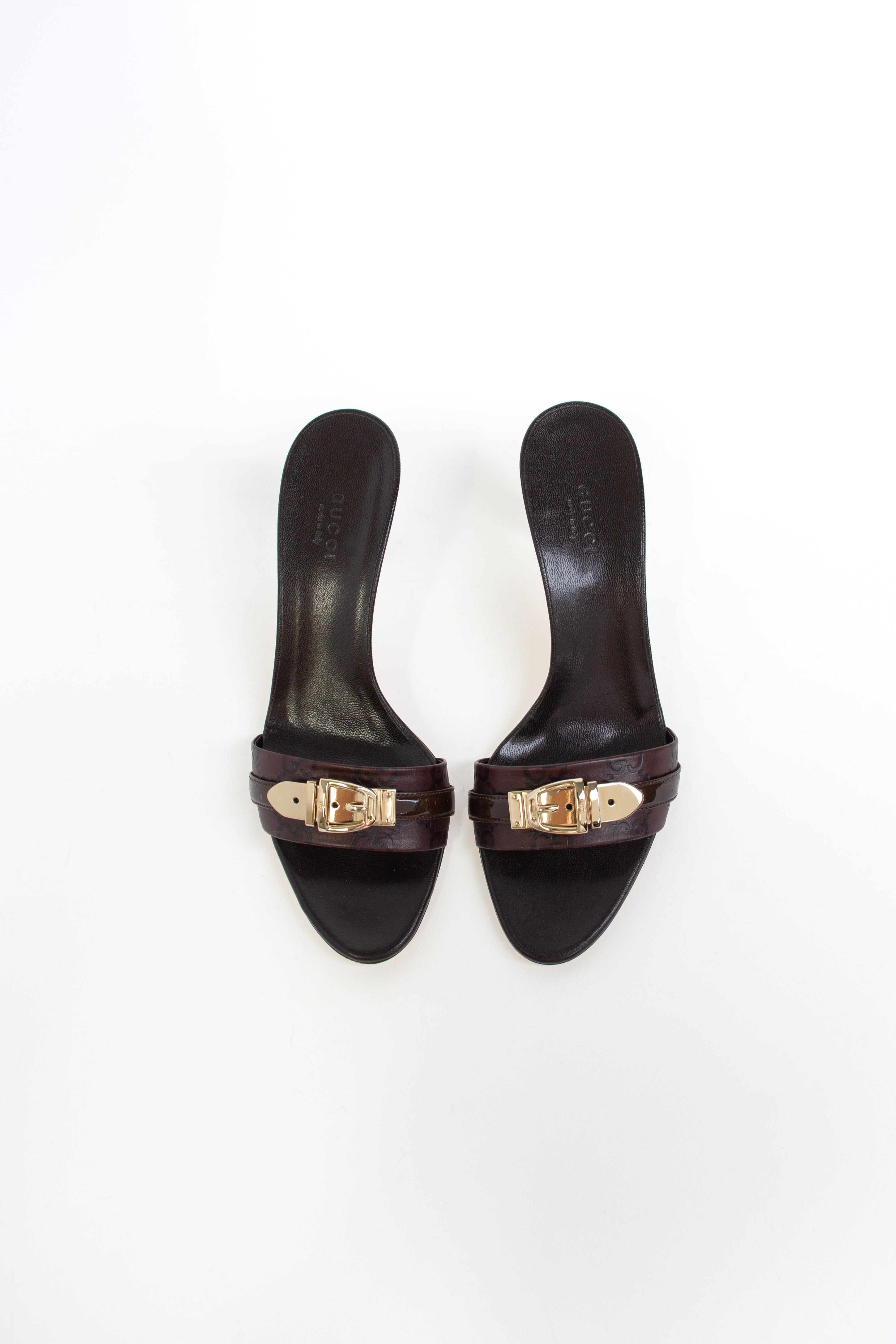Gucci Brown + Gold Buckle Open Toe Heels (US 6.5)