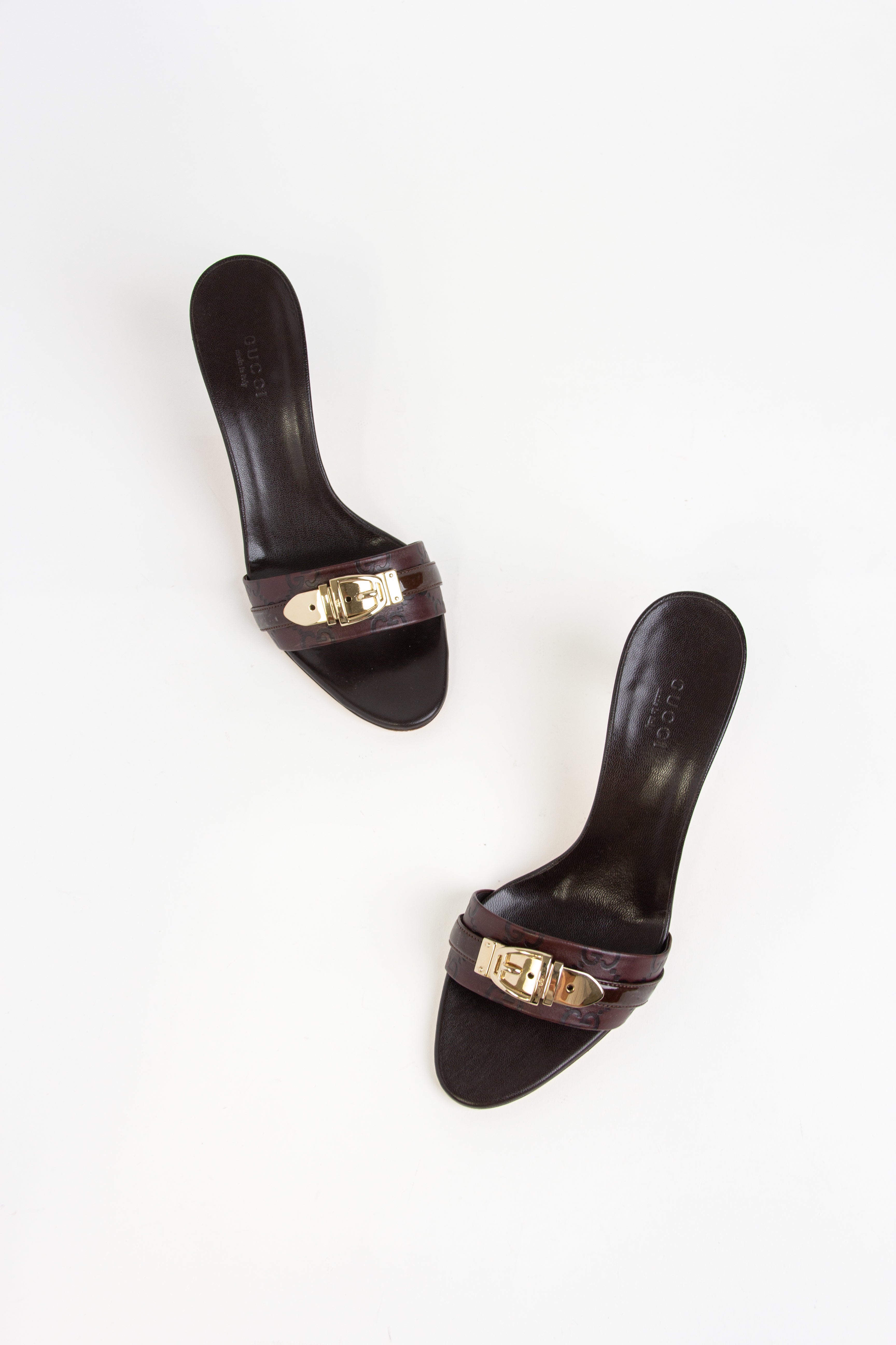 Gucci Brown + Gold Buckle Open Toe Heels (US 6.5)