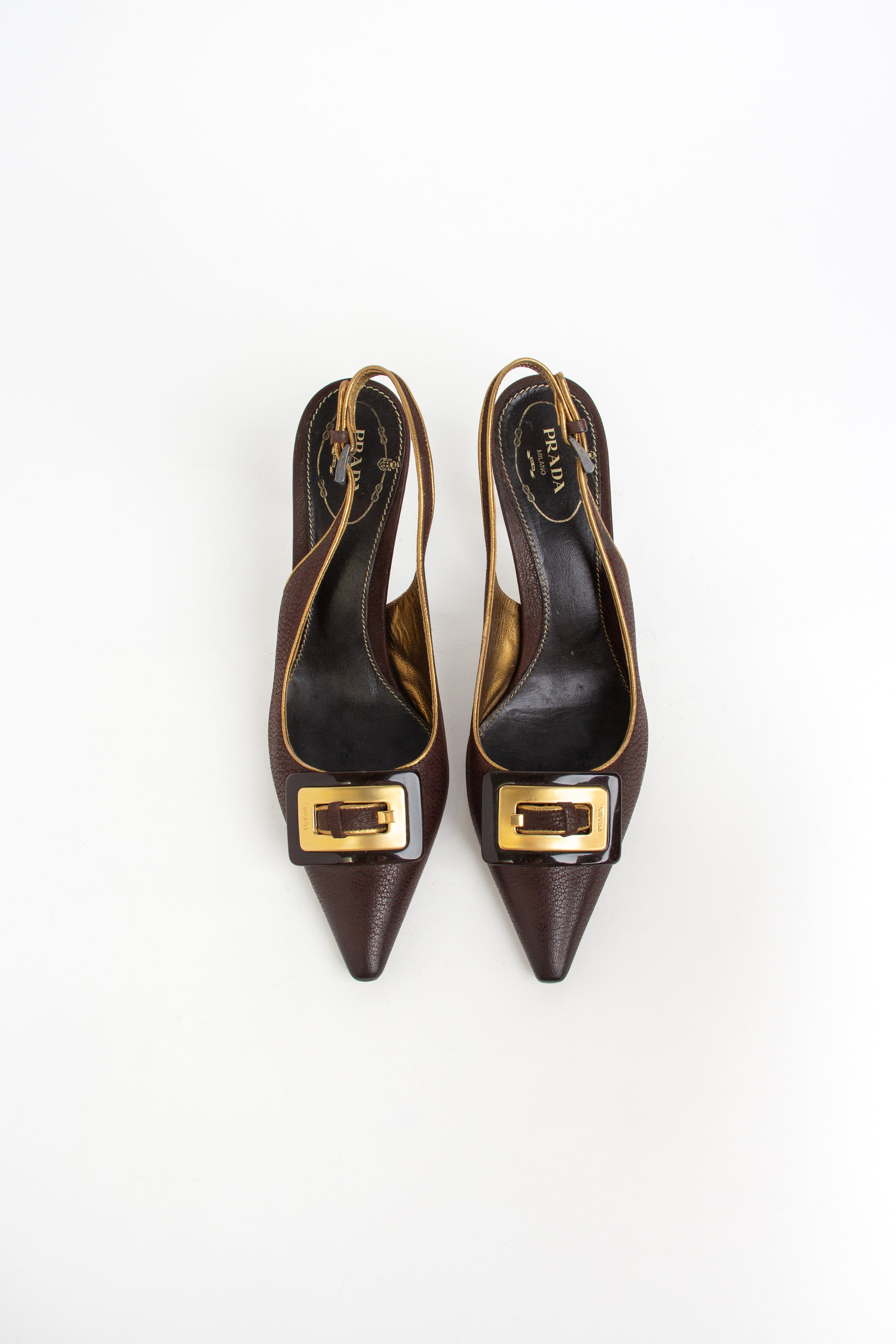 Prada Brown + Gold Buckle Slingback Heels (IT 36.5)