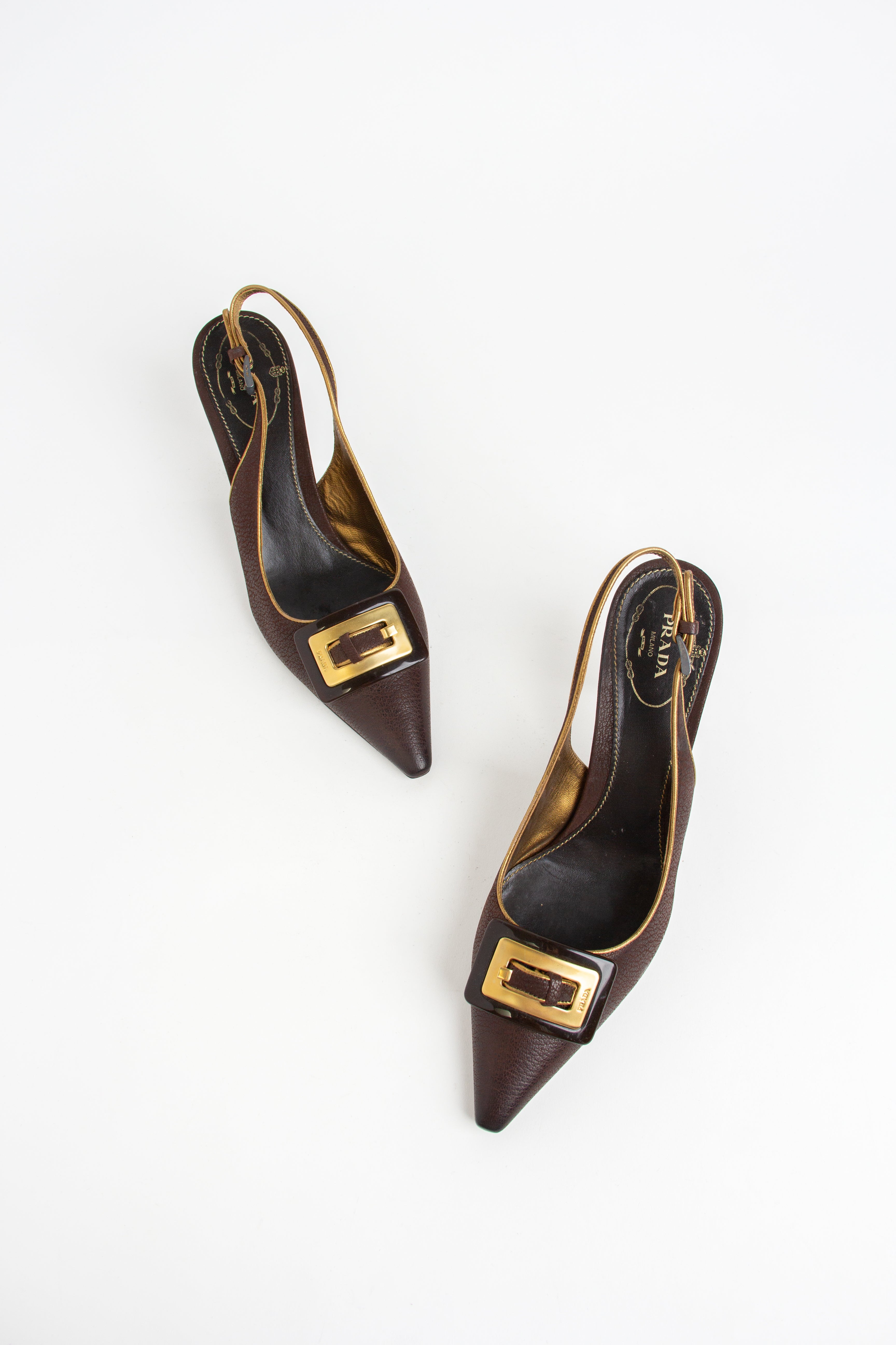 Prada Brown + Gold Buckle Slingback Heels (IT 36.5)