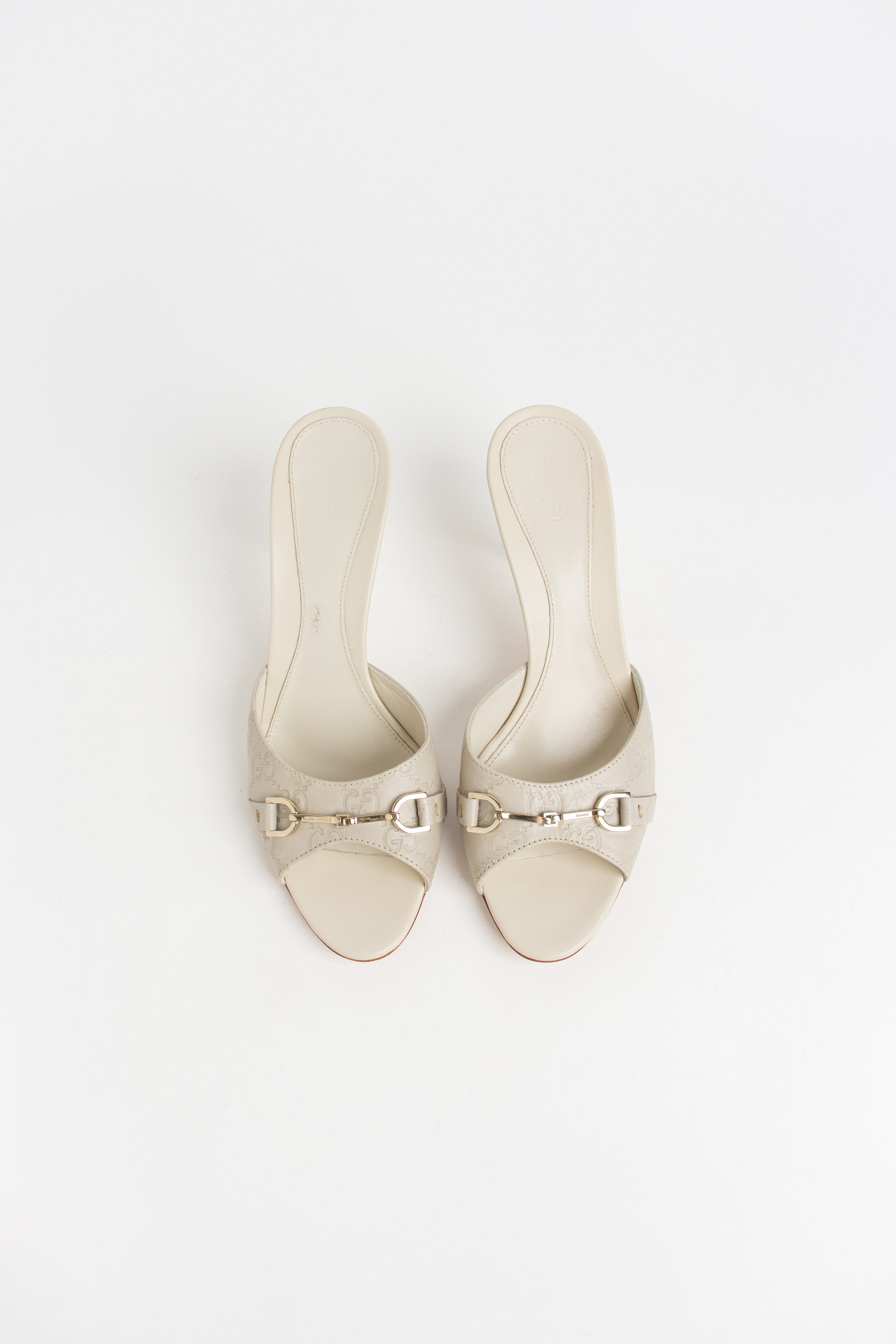 Gucci Ecru + Gold Horsebit Open Toe Heels (IT 38.5)