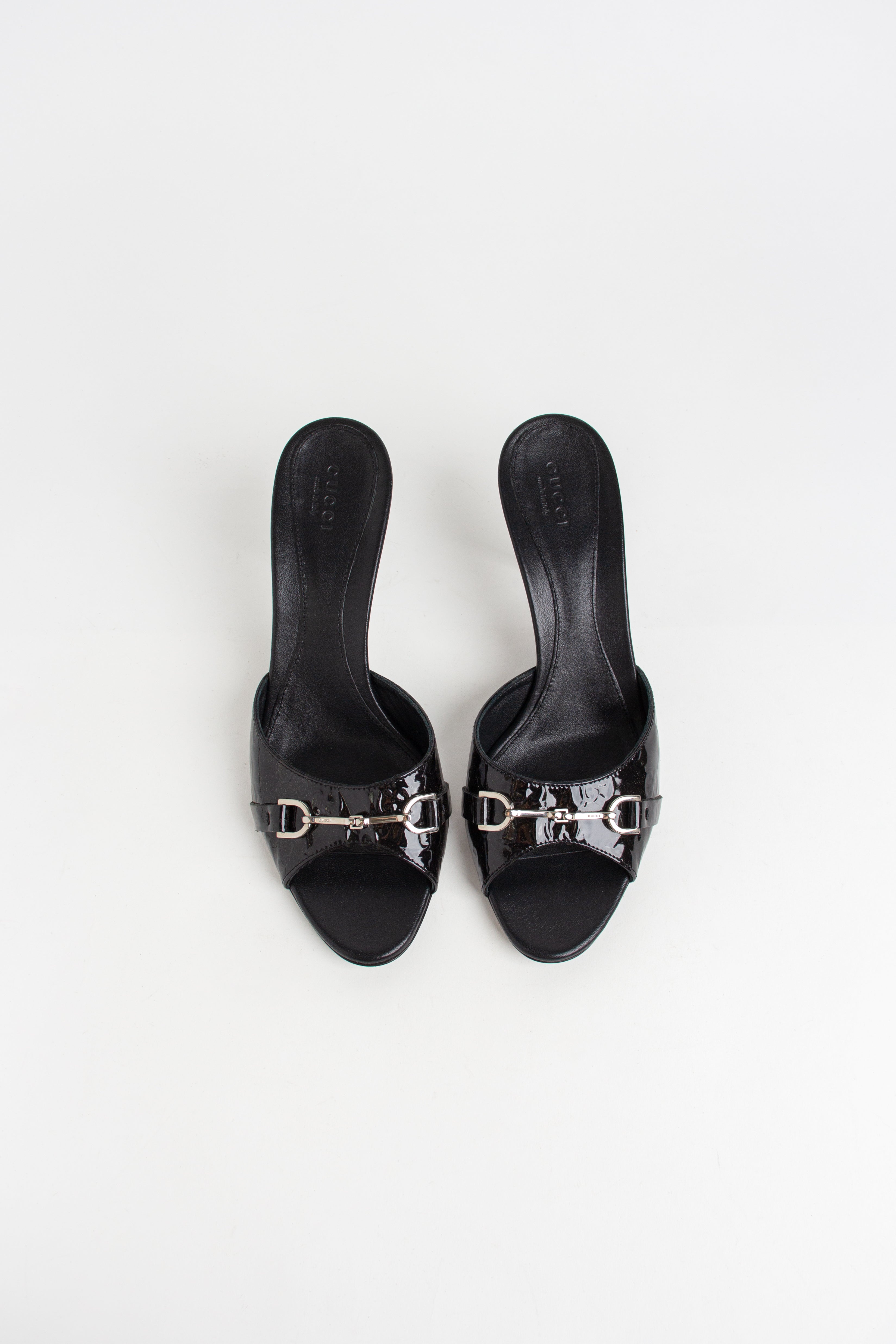 Gucci Black Patent Leather Horsebit Open Toe Heels (IT 38.5)