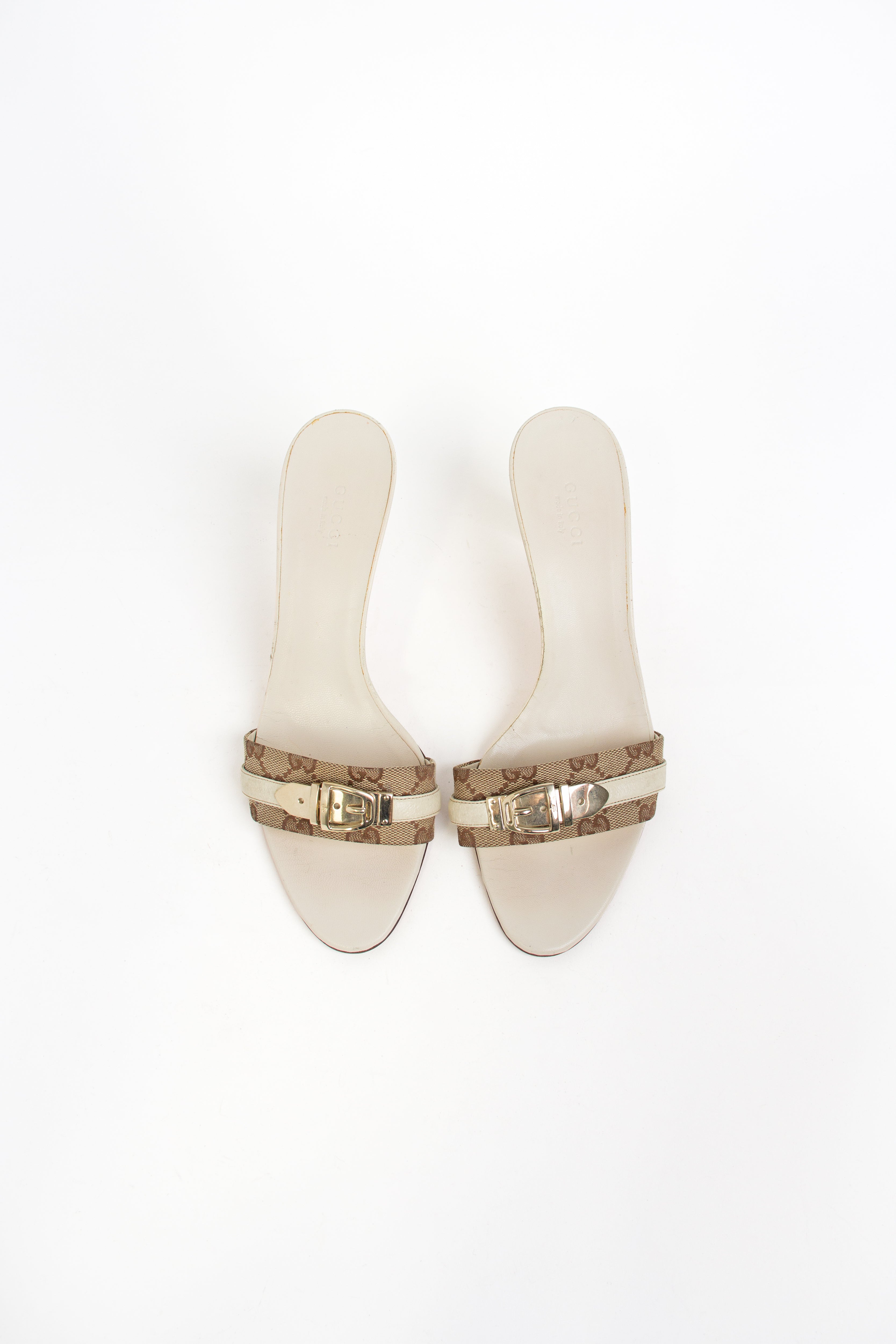 Gucci Beige + Gold Canvas Buckle Open Toe Heels (IT 38.5)