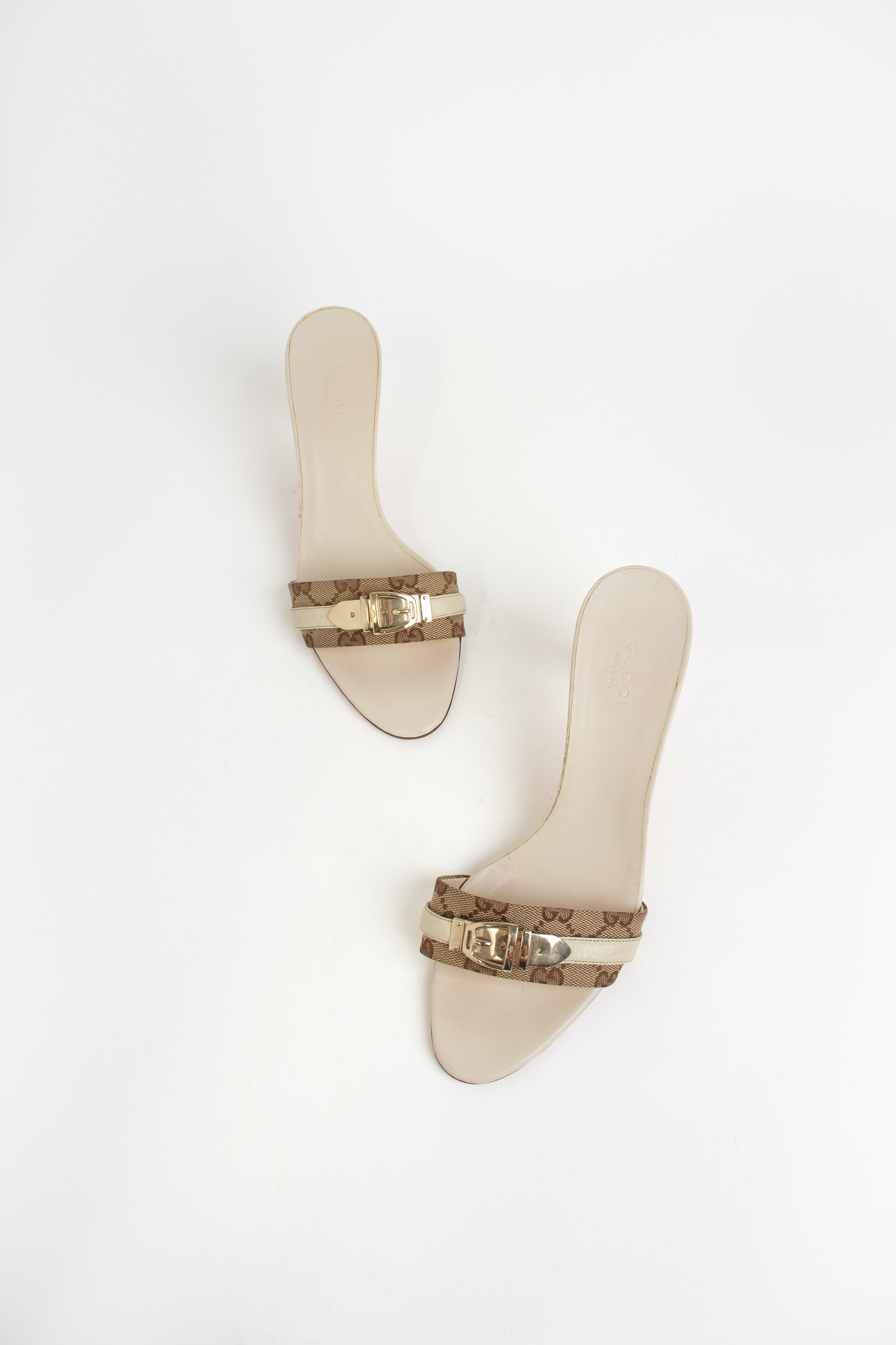 Gucci Beige + Gold Canvas Buckle Open Toe Heels (IT 38.5)