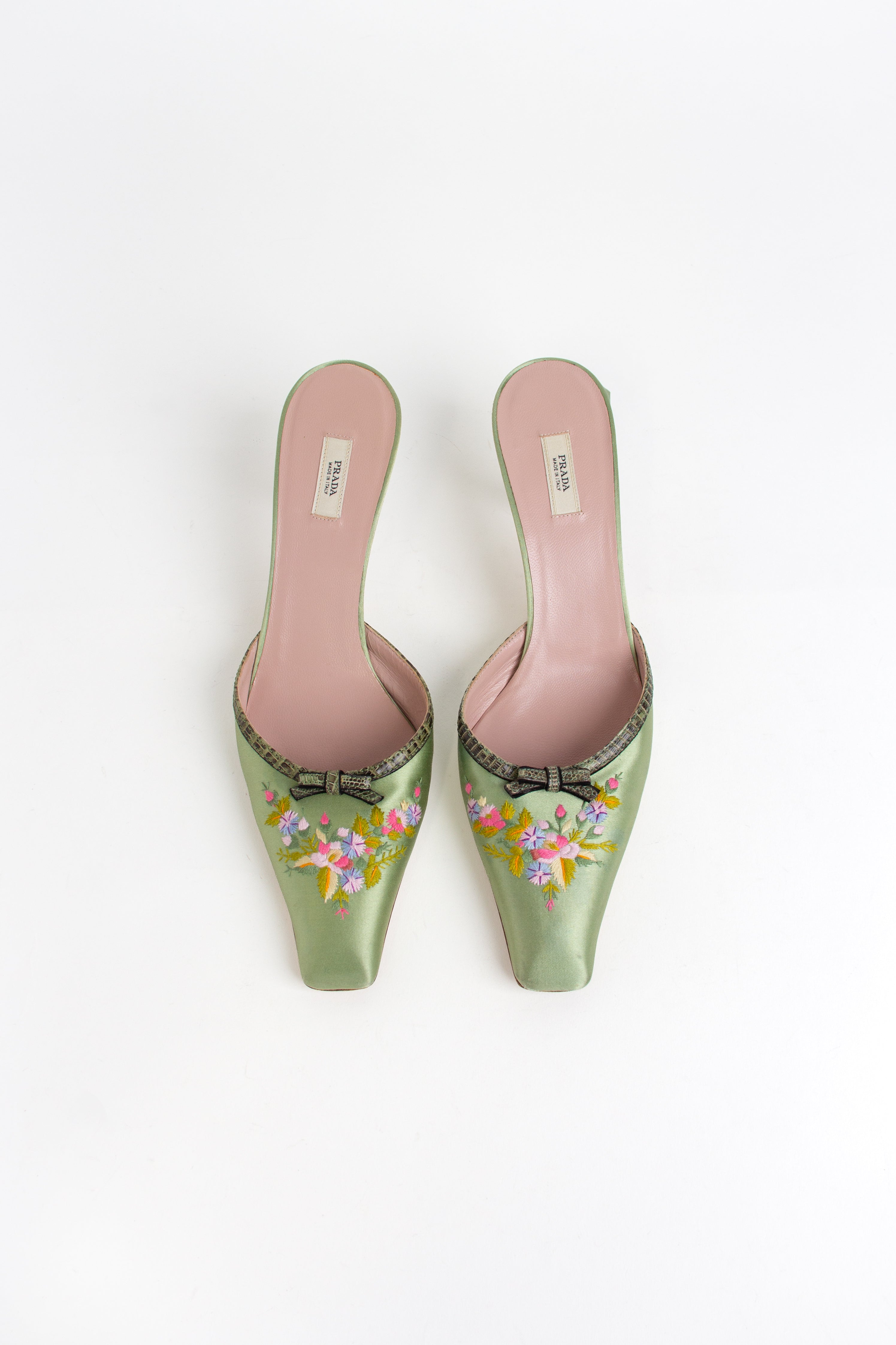 Rare Prada Green Satin Floral Embroidered Mules (IT 37.5)