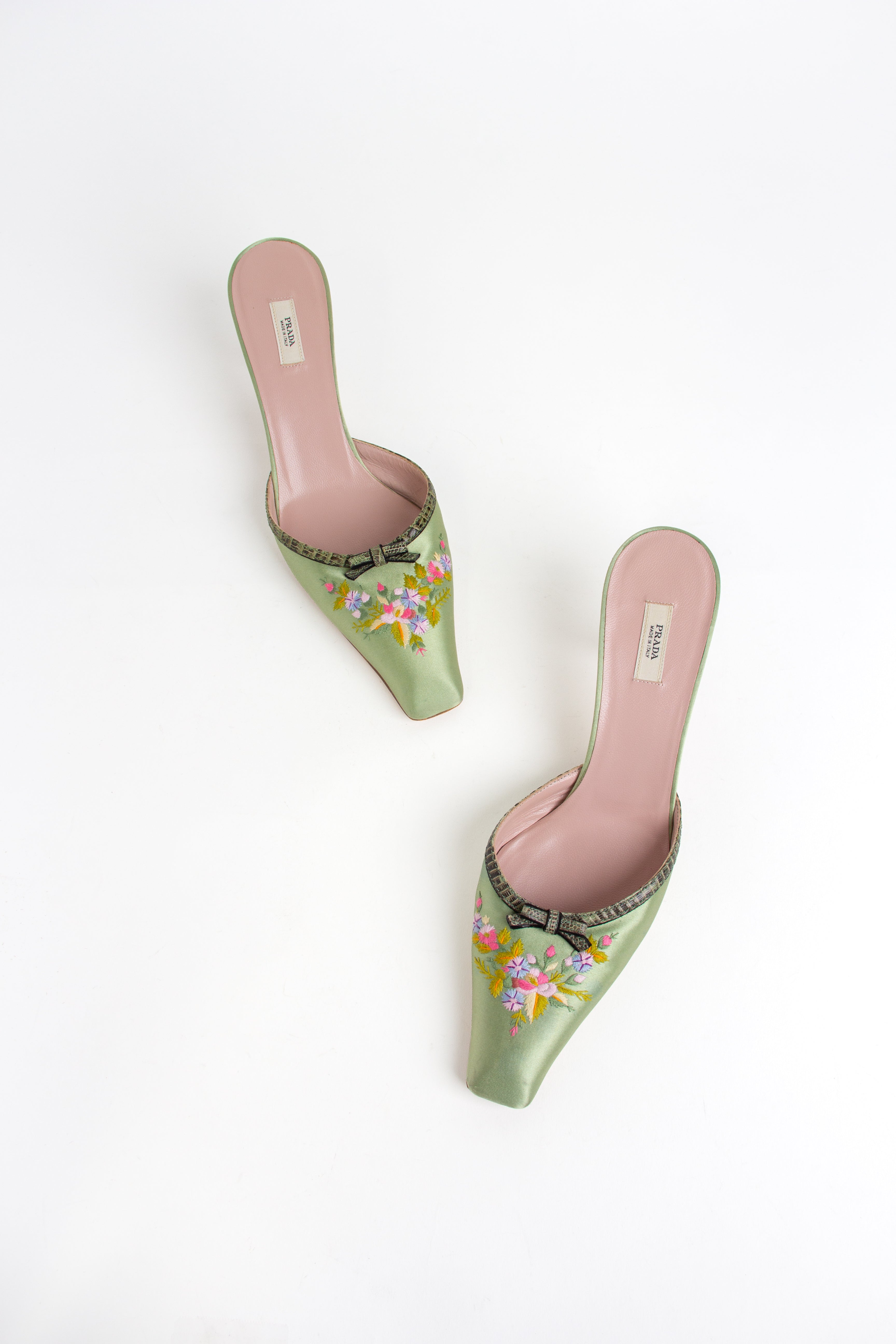 Rare Prada Green Satin Floral Embroidered Mules (IT 37.5)