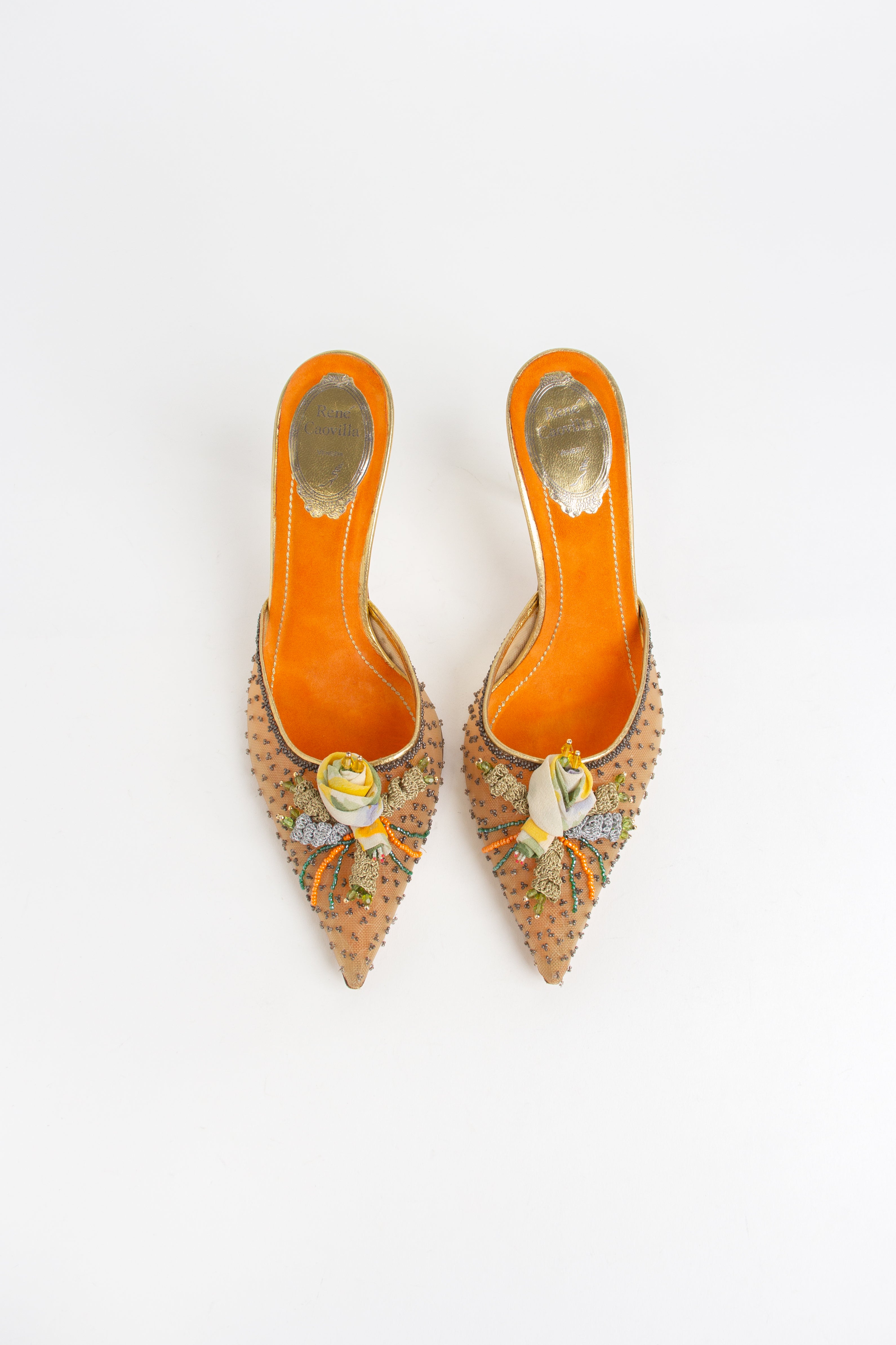 Rare Rene Caovilla Orange Rose Beaded Mules (IT 39)
