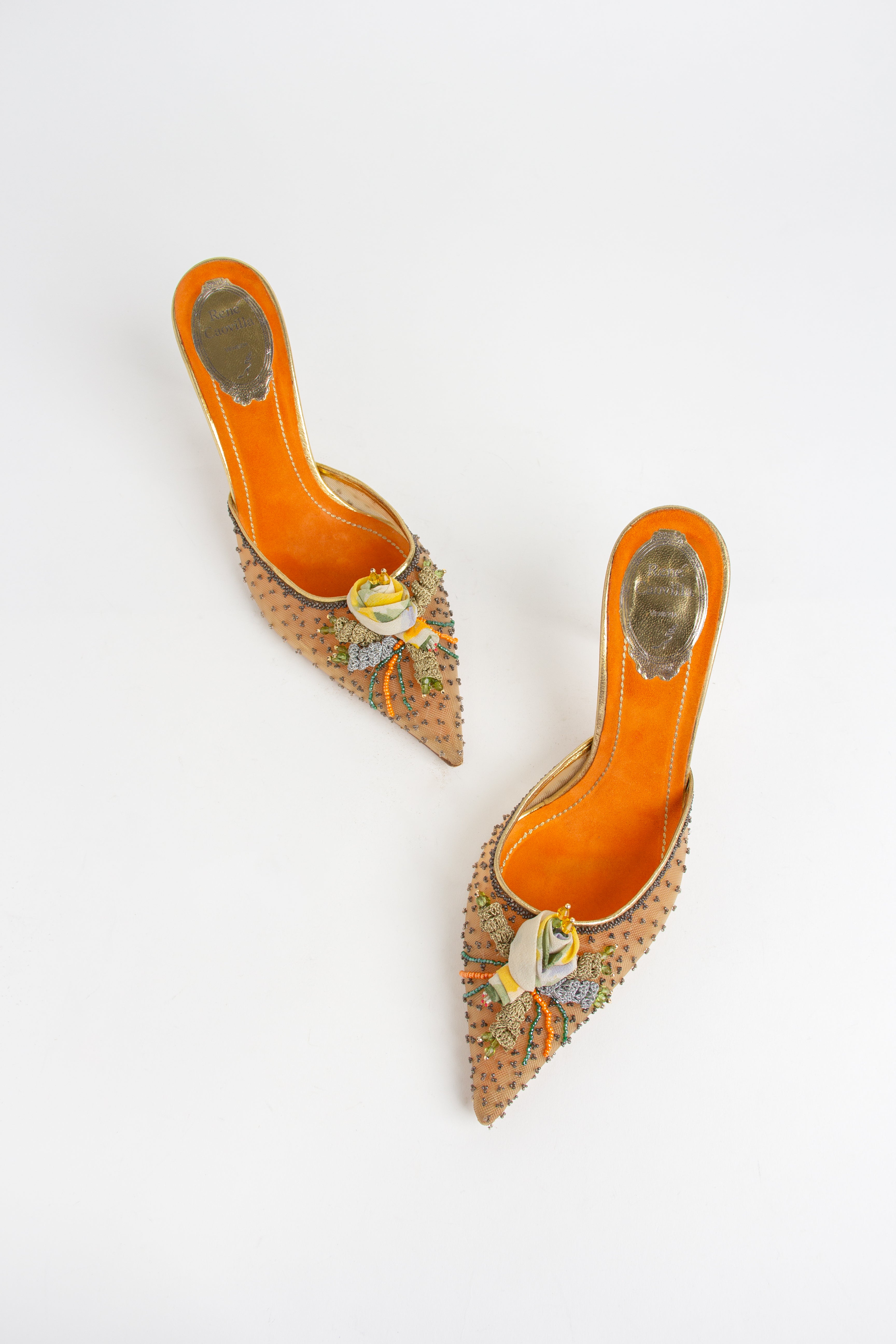 Rare Rene Caovilla Orange Rose Beaded Mules (IT 39)