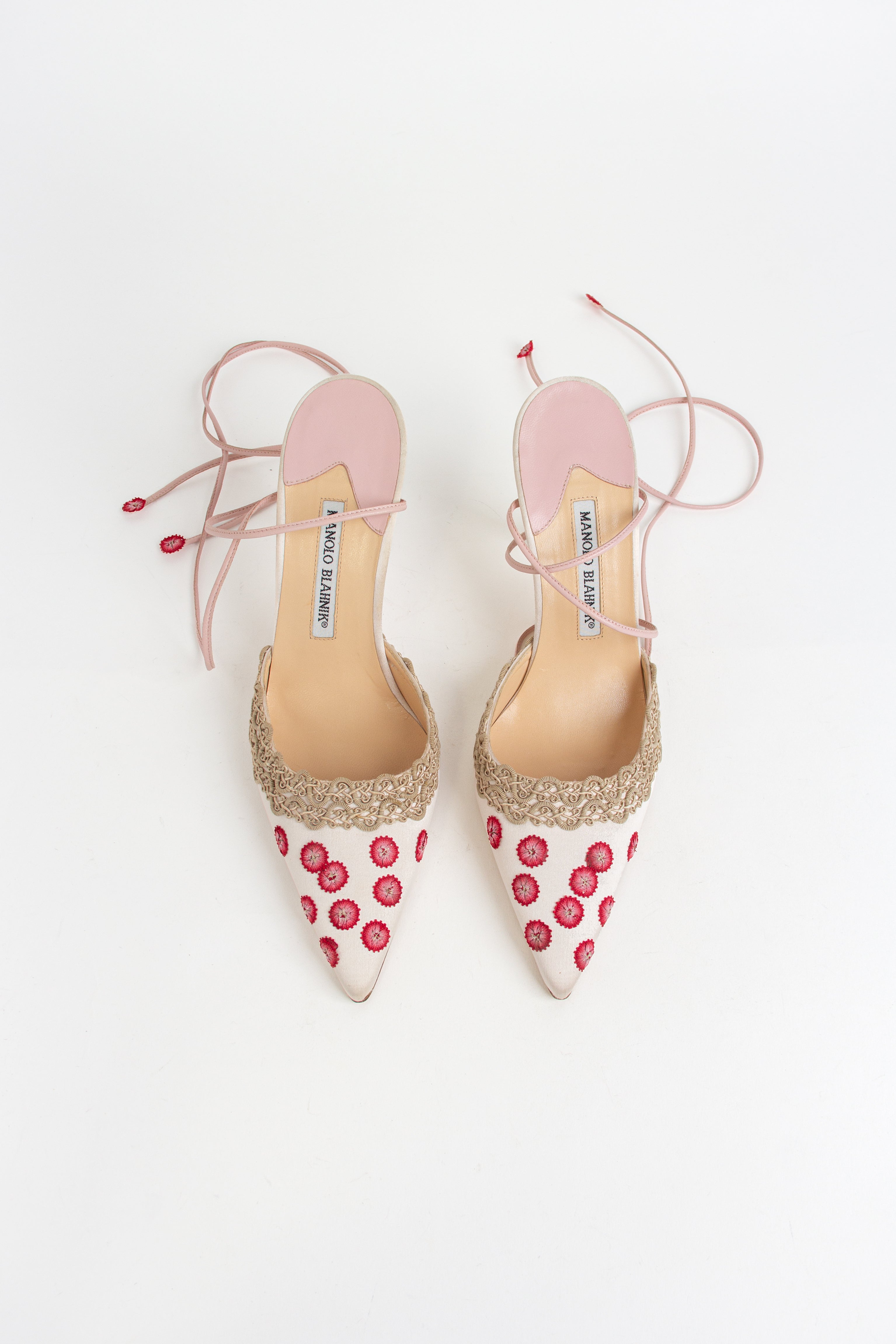 Manolo Blahnik Light Pink Satin Floral Wrap Heels (IT 38.5)