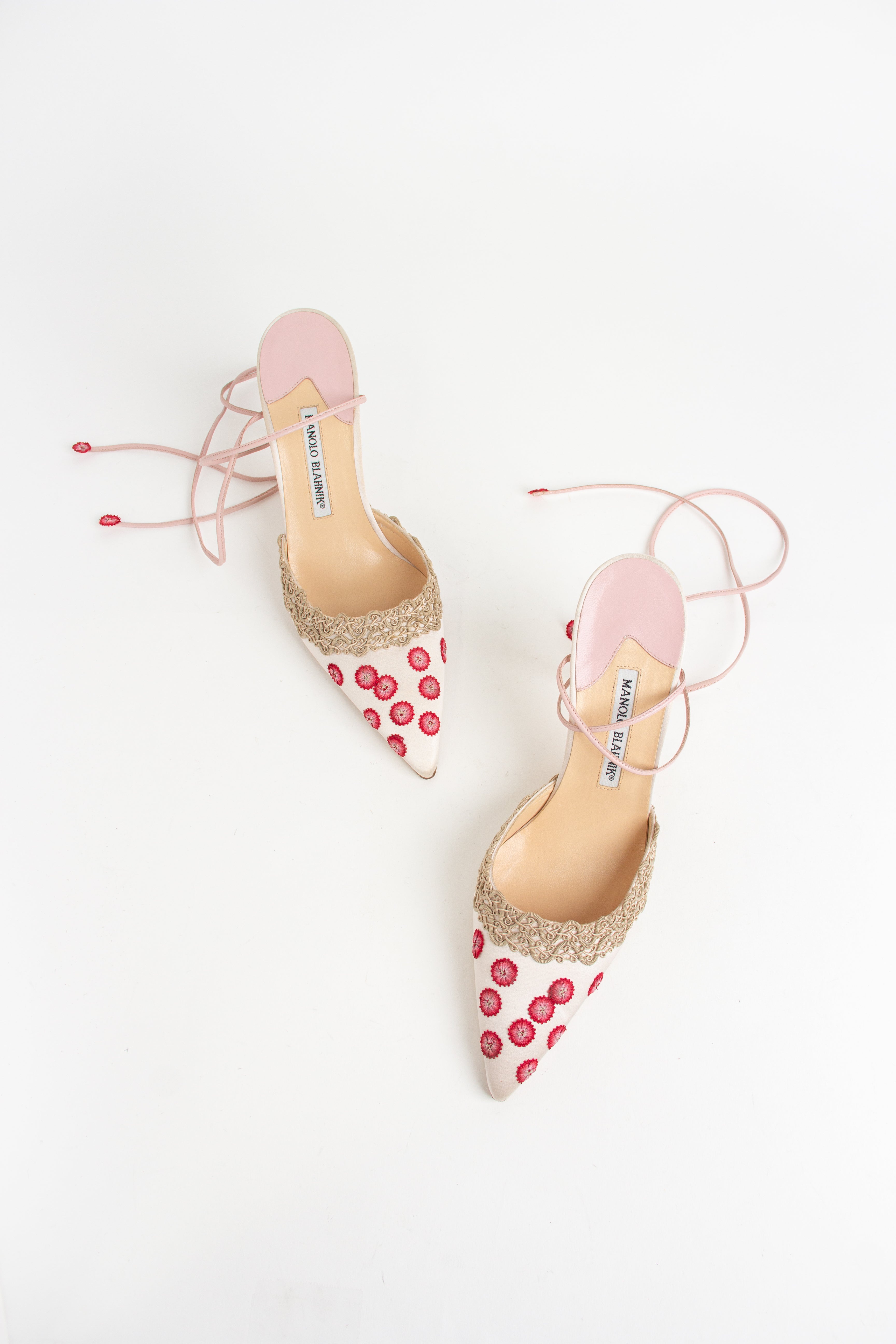 Manolo Blahnik Light Pink Satin Floral Wrap Heels (IT 38.5)