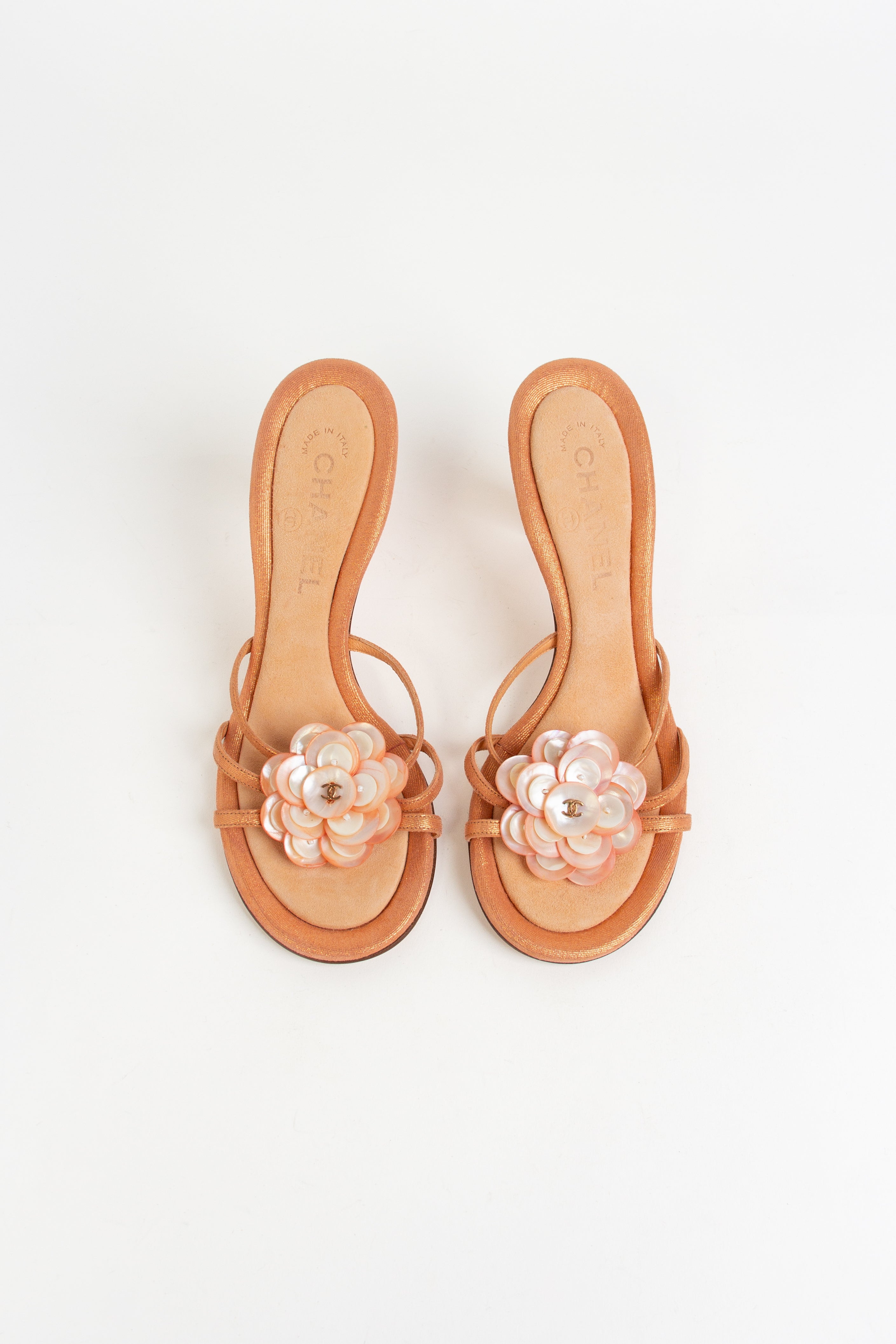 Chanel Pink Shimmer Camellia Heels (IT 36)