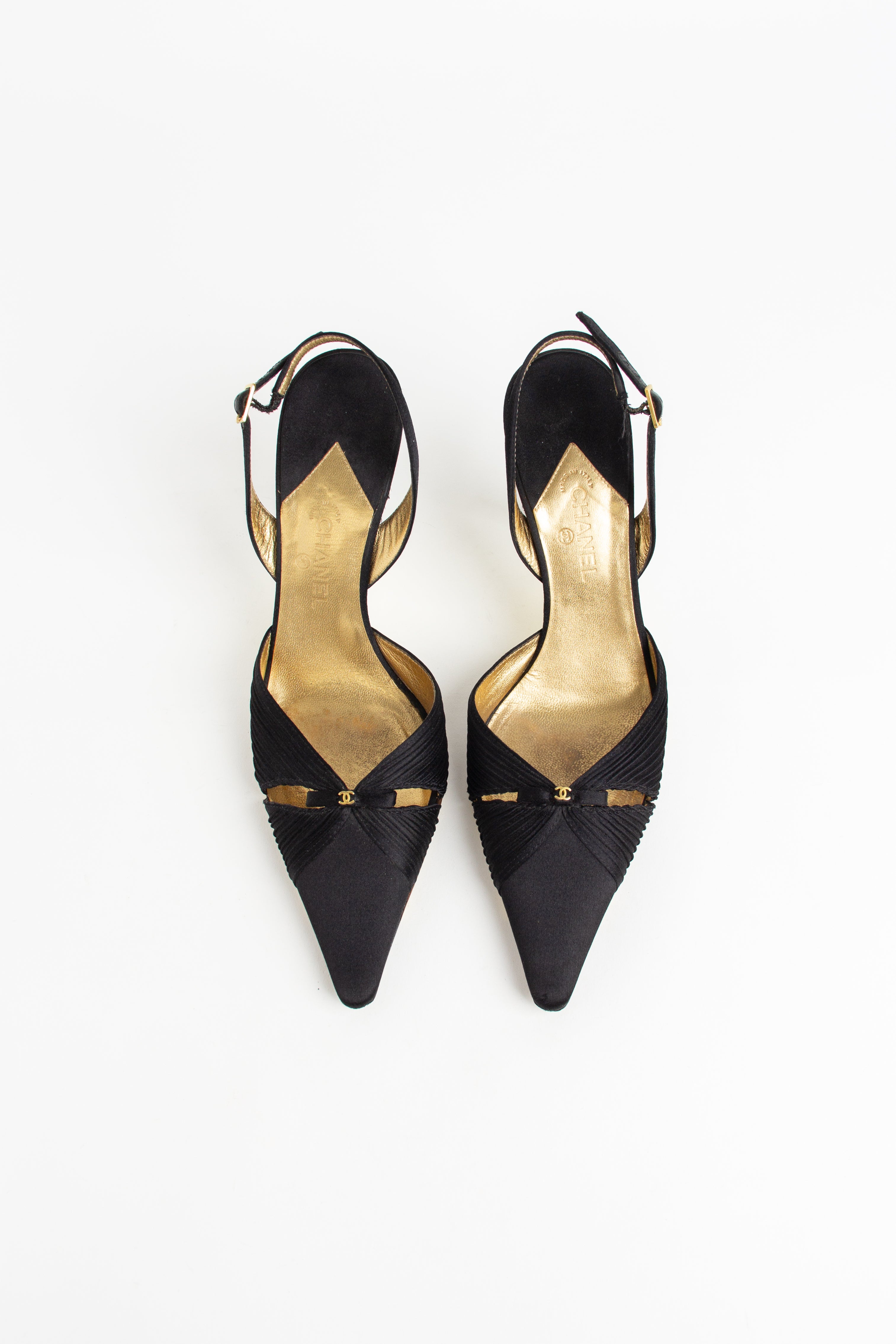 Chanel Black Satin Pleated CC Slingback Heels (IT 38)