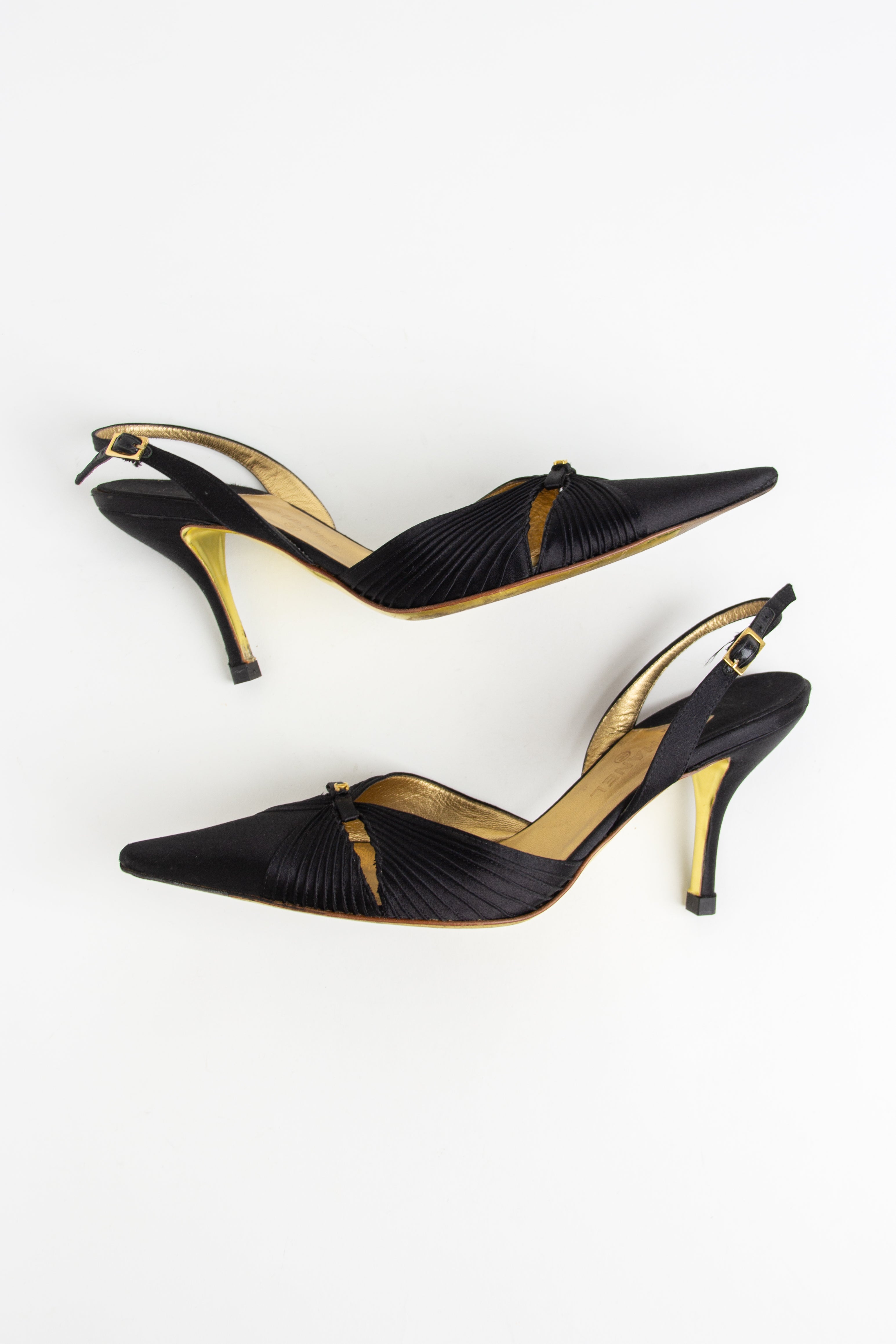 Chanel Black Satin Pleated CC Slingback Heels (IT 38)