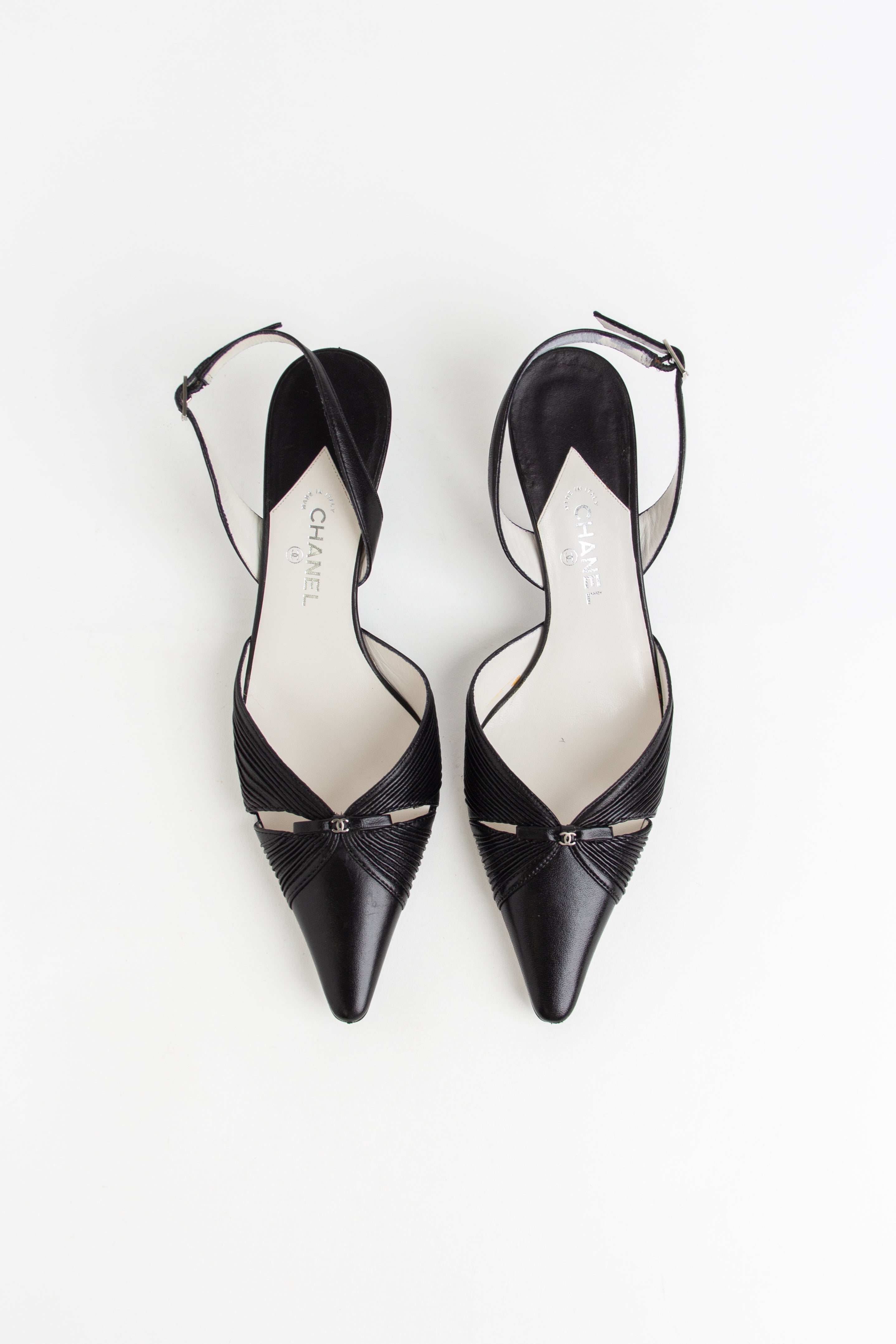 Chanel Black Leather Pleated CC Slingback Heels (IT 36.5)