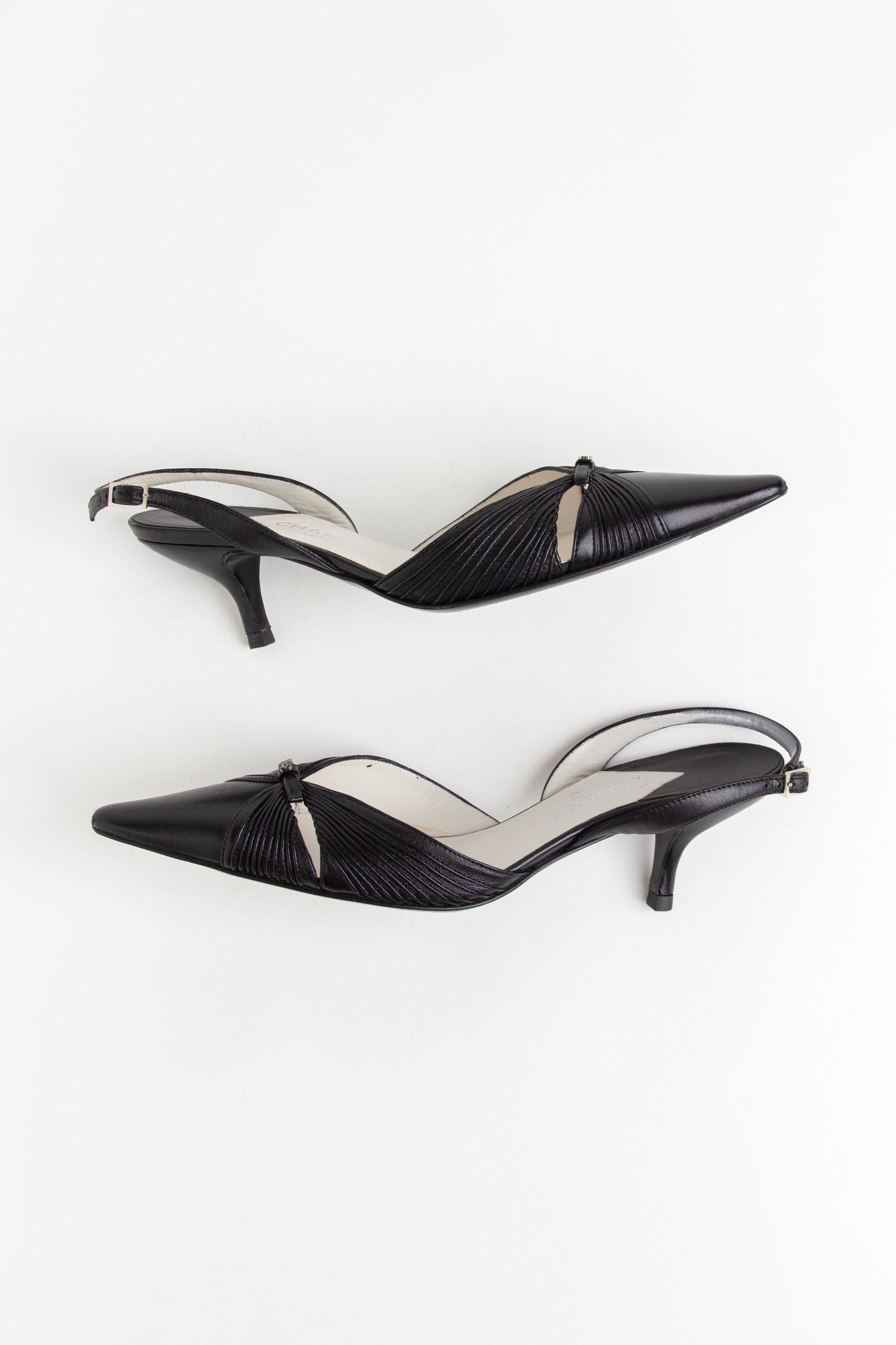 Chanel Black Leather Pleated CC Slingback Heels (IT 36.5)