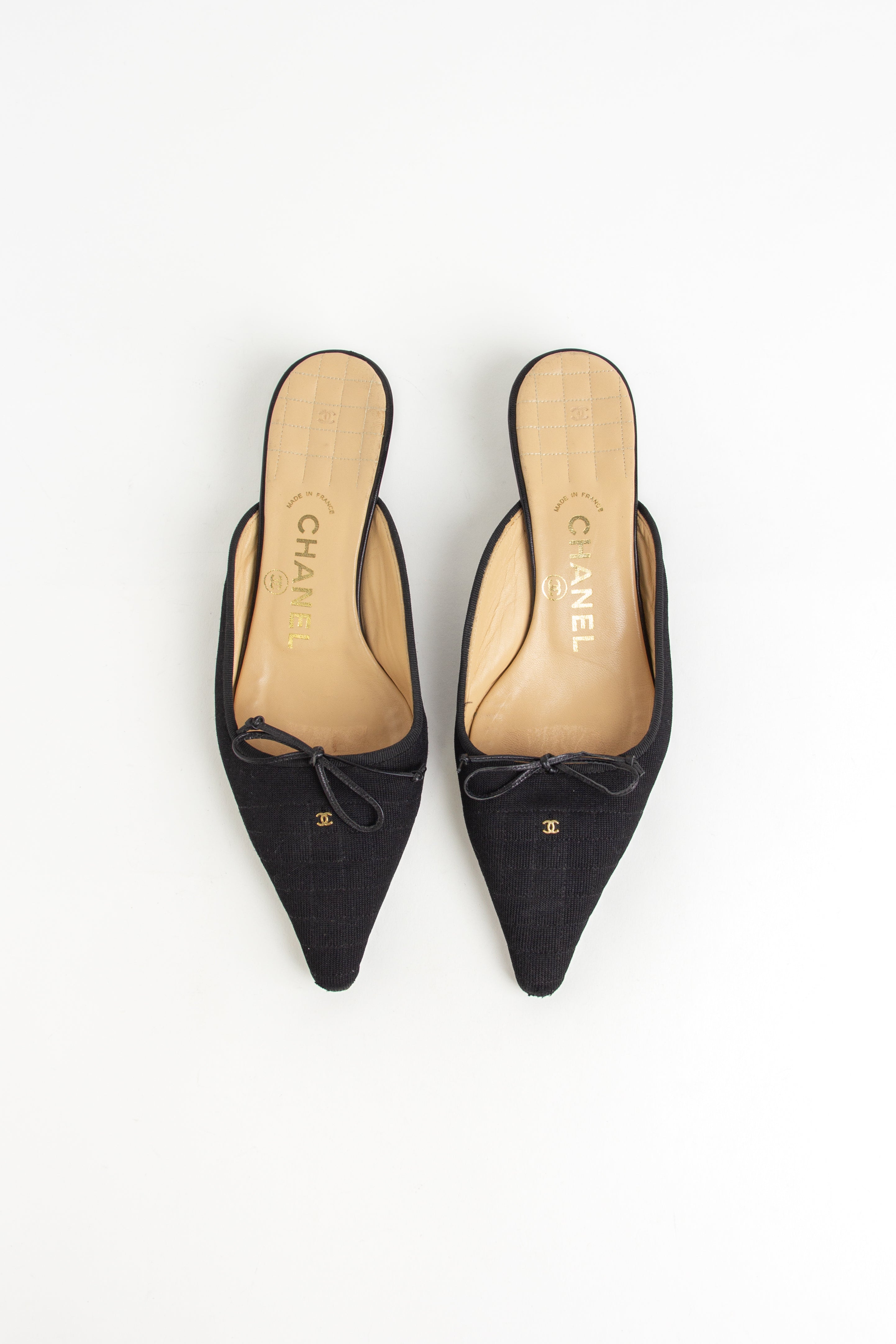Chanel Black Quilted Fabric CC Mules (FR 36)