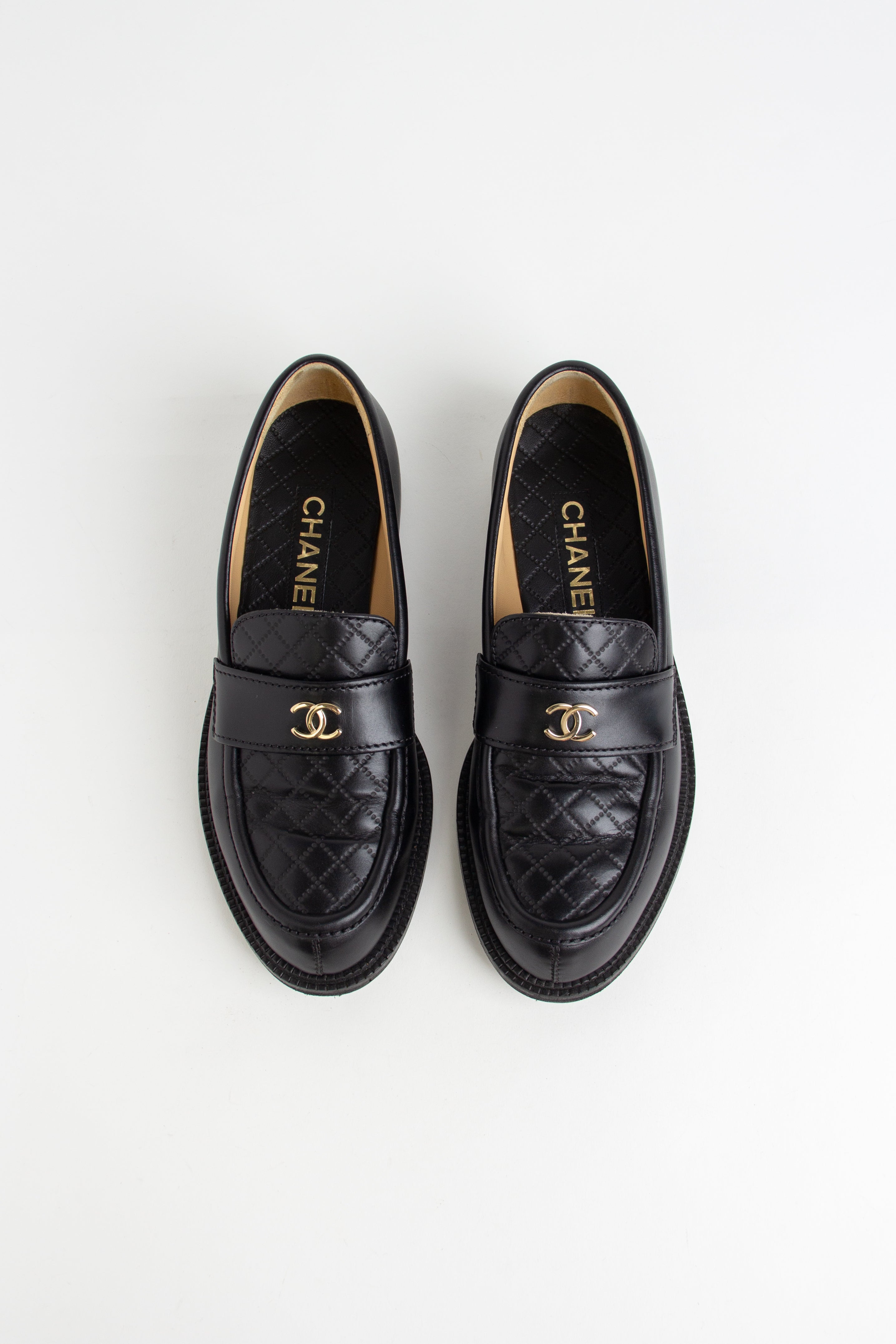 Chanel Black Leather Quilted CC Loafers (IT 38.5)