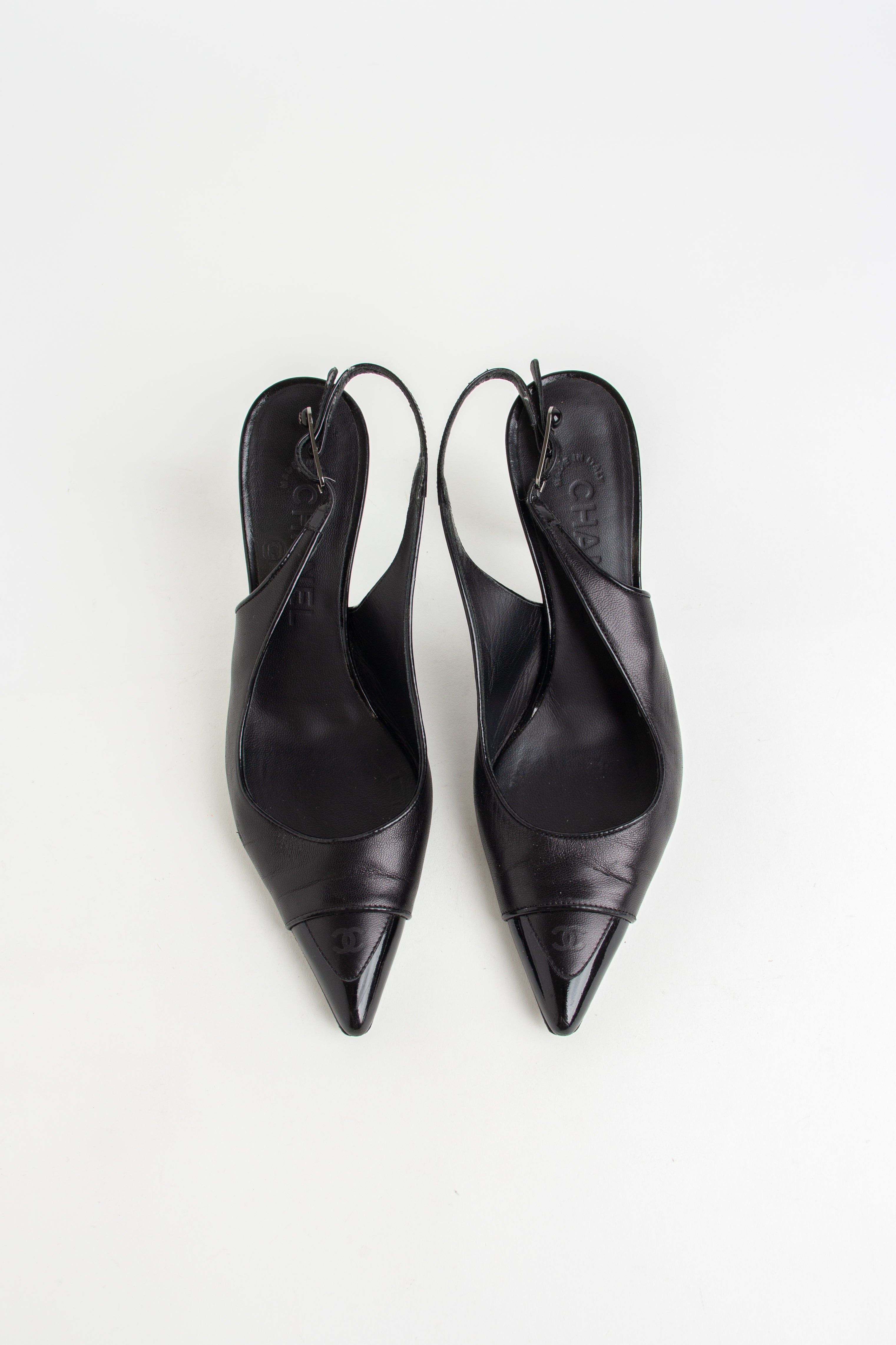 Chanel Black Patent Toe CC Slingback Heels (IT 36.5)