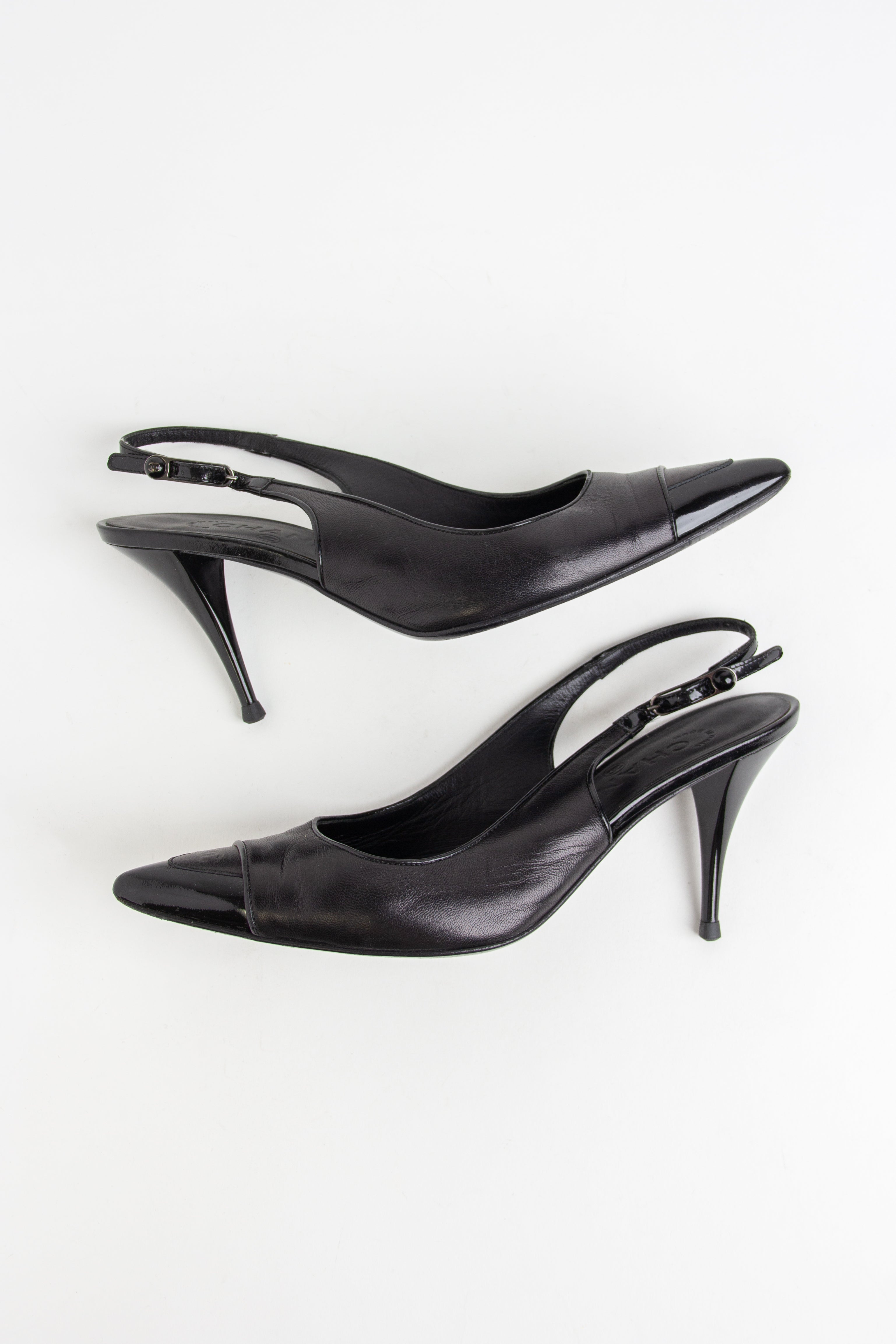 Chanel Black Patent Toe CC Slingback Heels (IT 36.5)