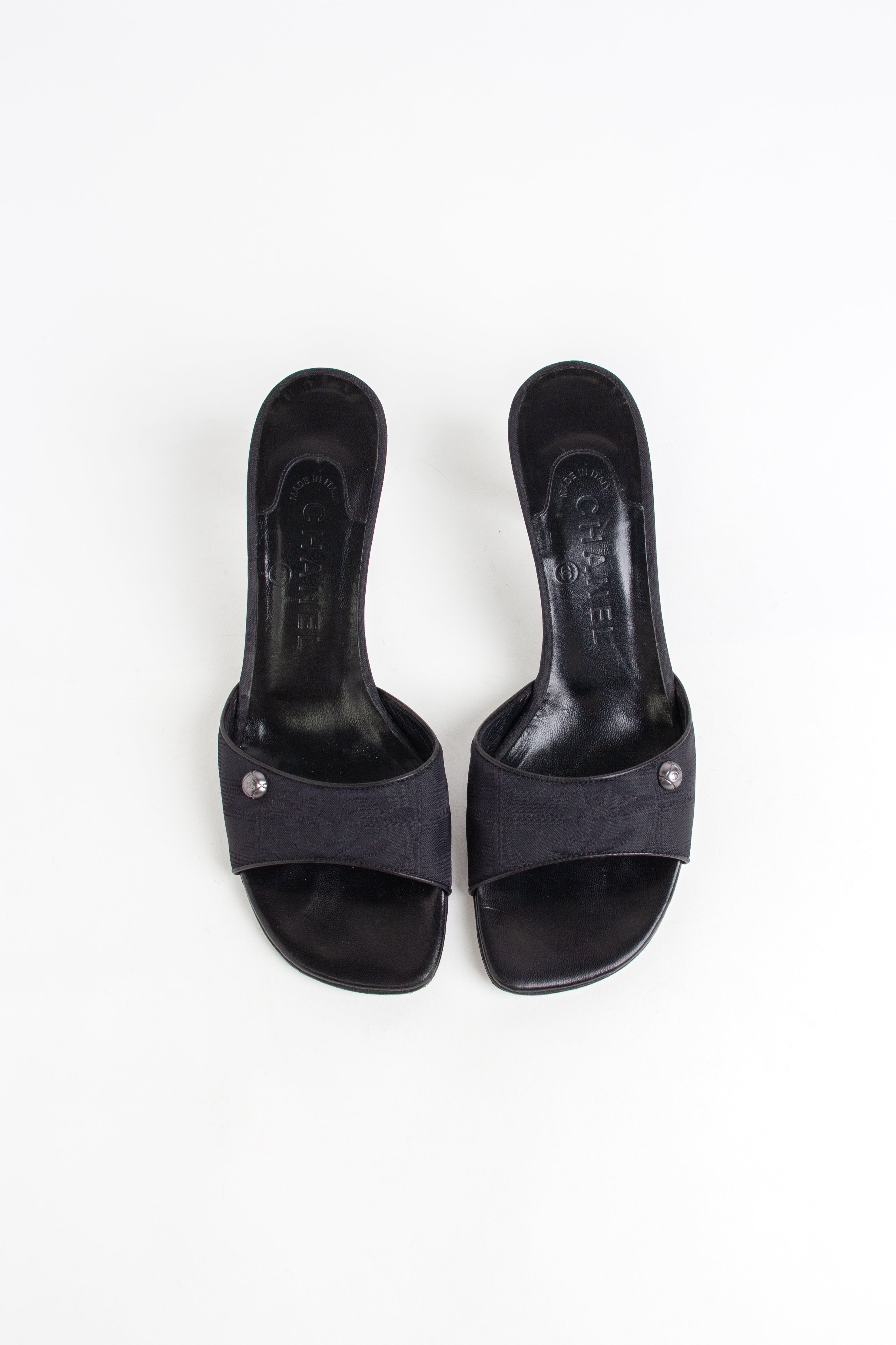Chanel Black CC Canvas Open Toe Heels (IT 37)