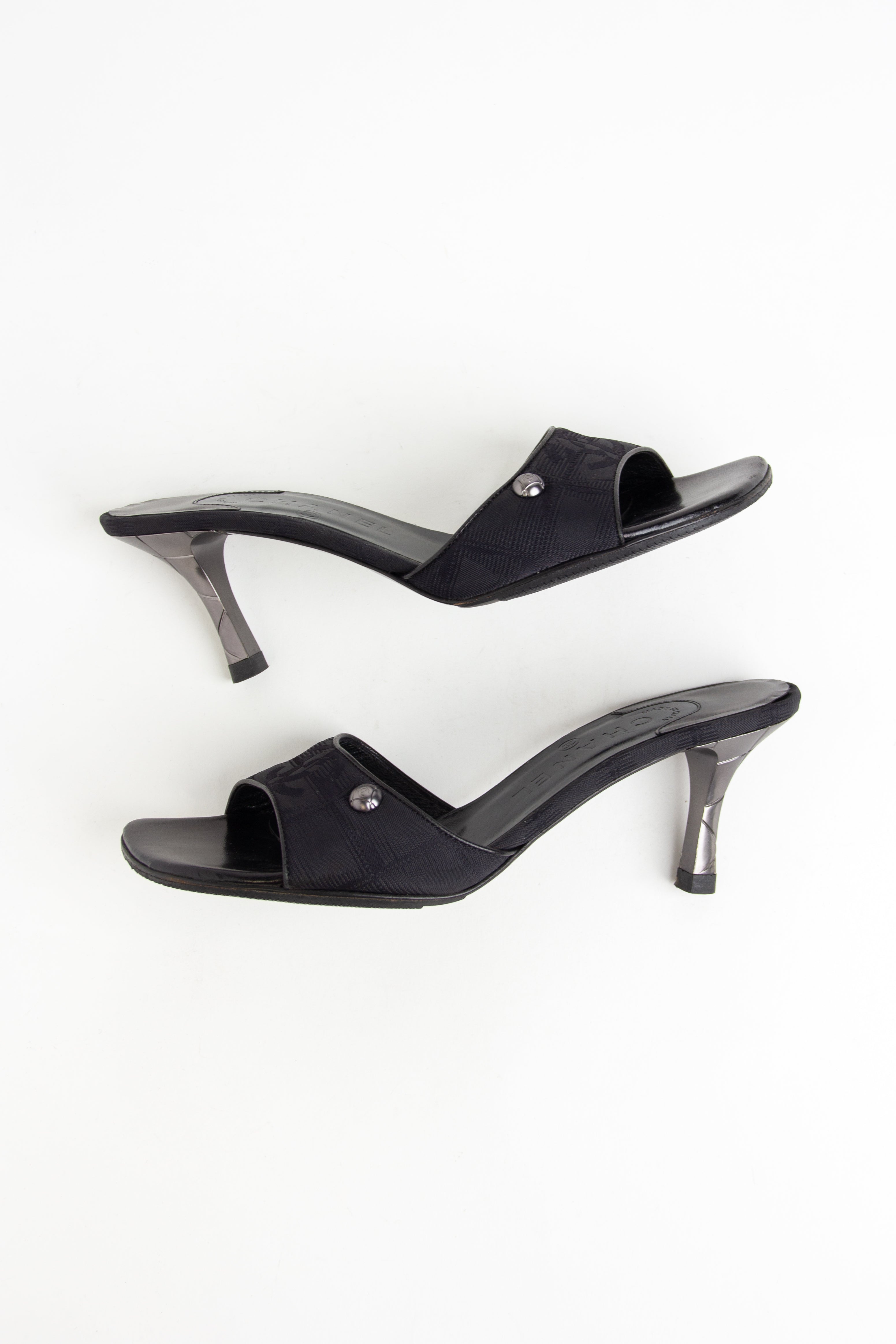 Chanel Black CC Canvas Open Toe Heels (IT 37)