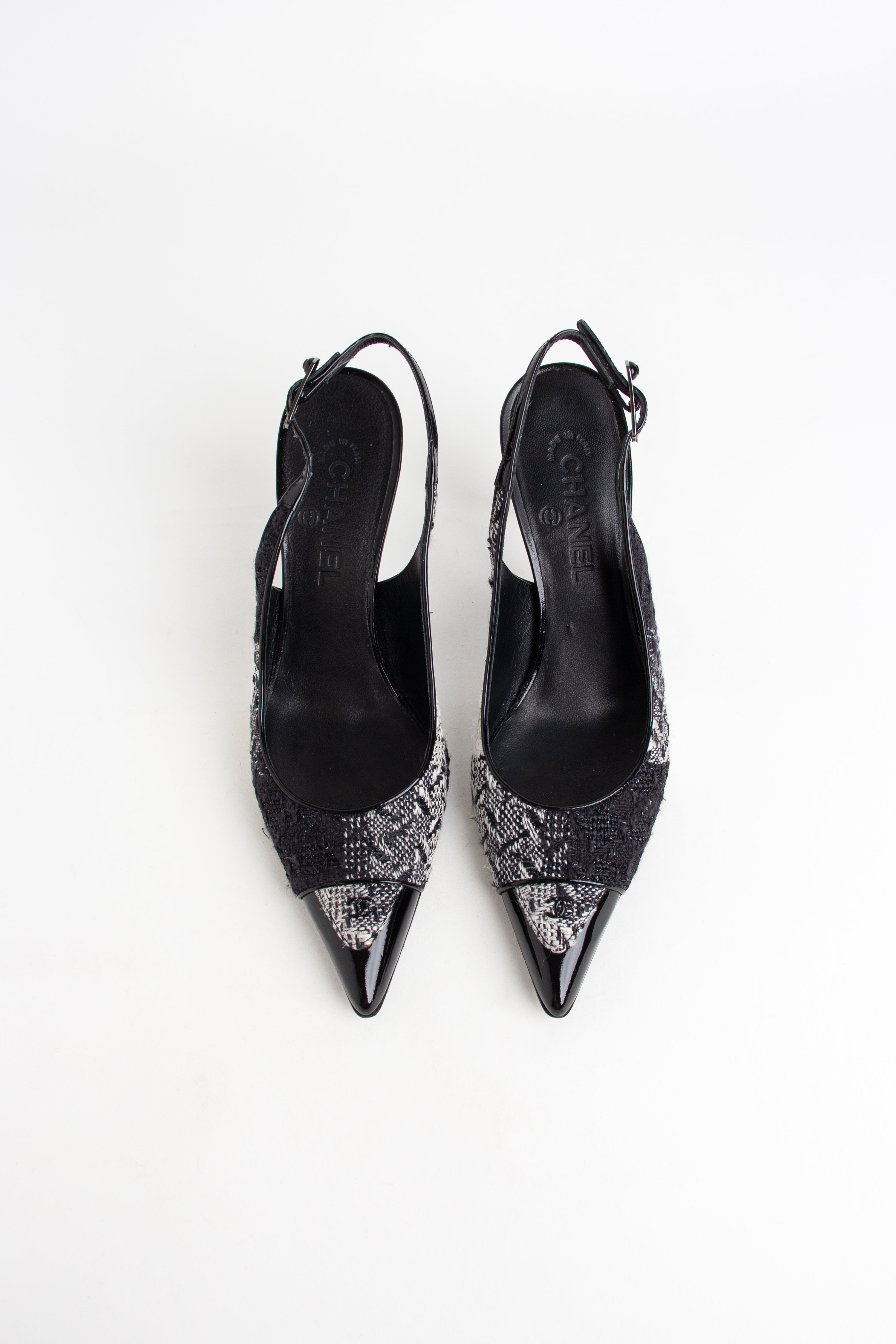 Chanel Black + White Tweed CC Slingback Heels (IT 40.5)