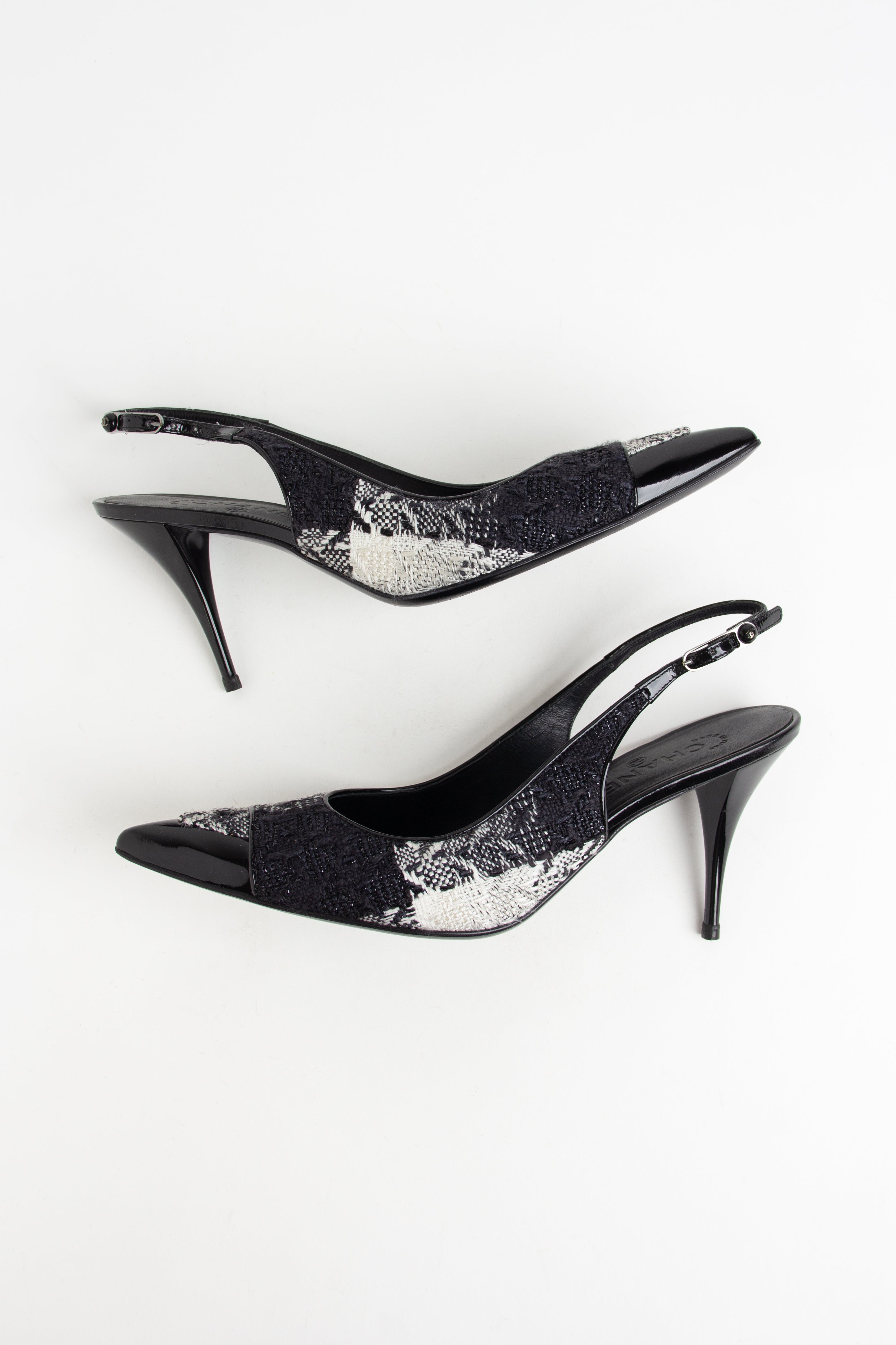 Chanel Black + White Tweed CC Slingback Heels (IT 40.5)