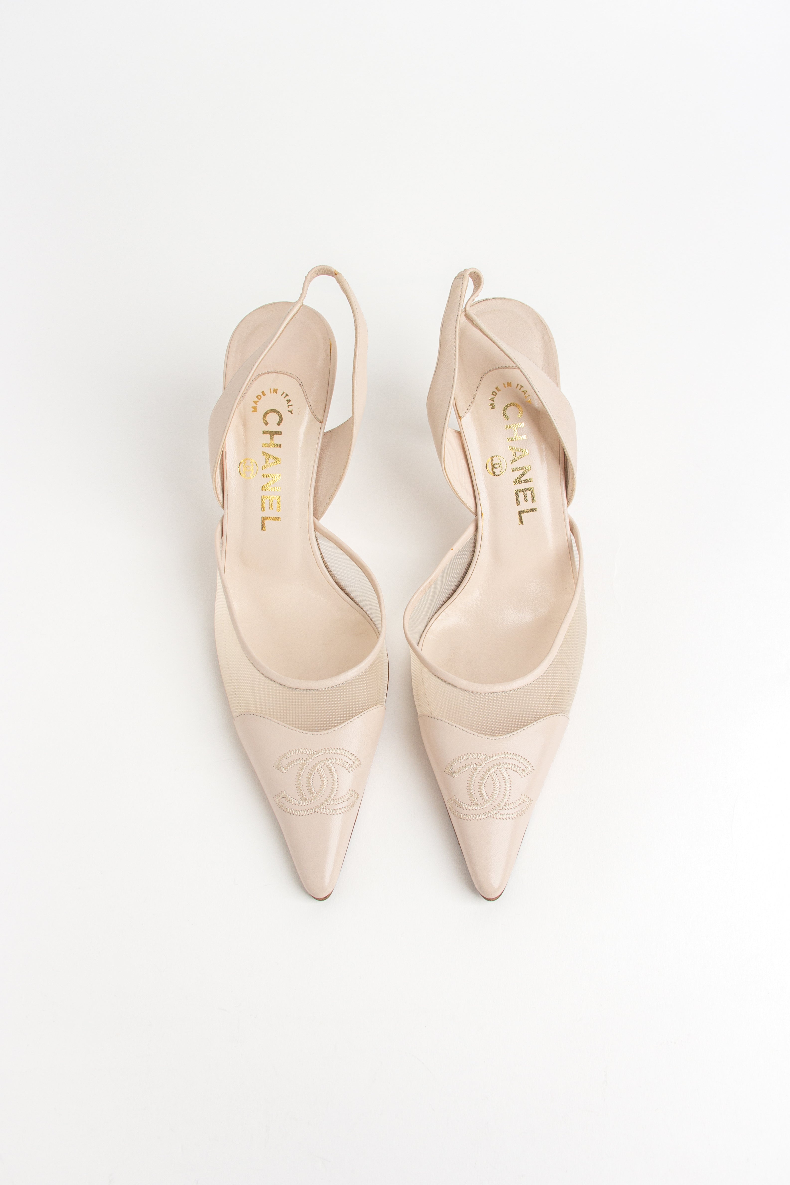 Chanel Pale Beige Mesh CC Slingback Heels (IT 38.5)