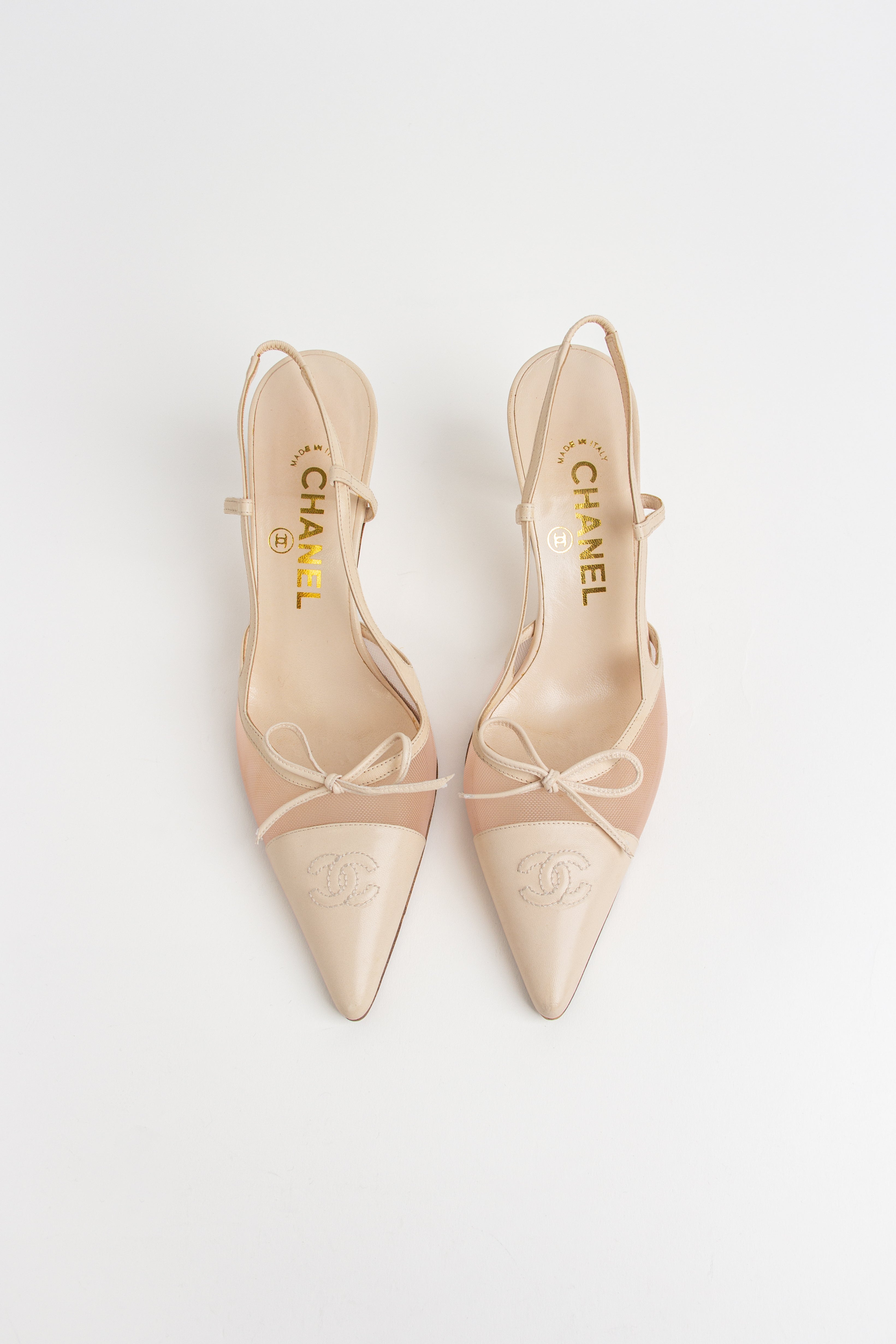 Chanel Ivory Mesh CC Bow Slingback Heels (IT 37.5)
