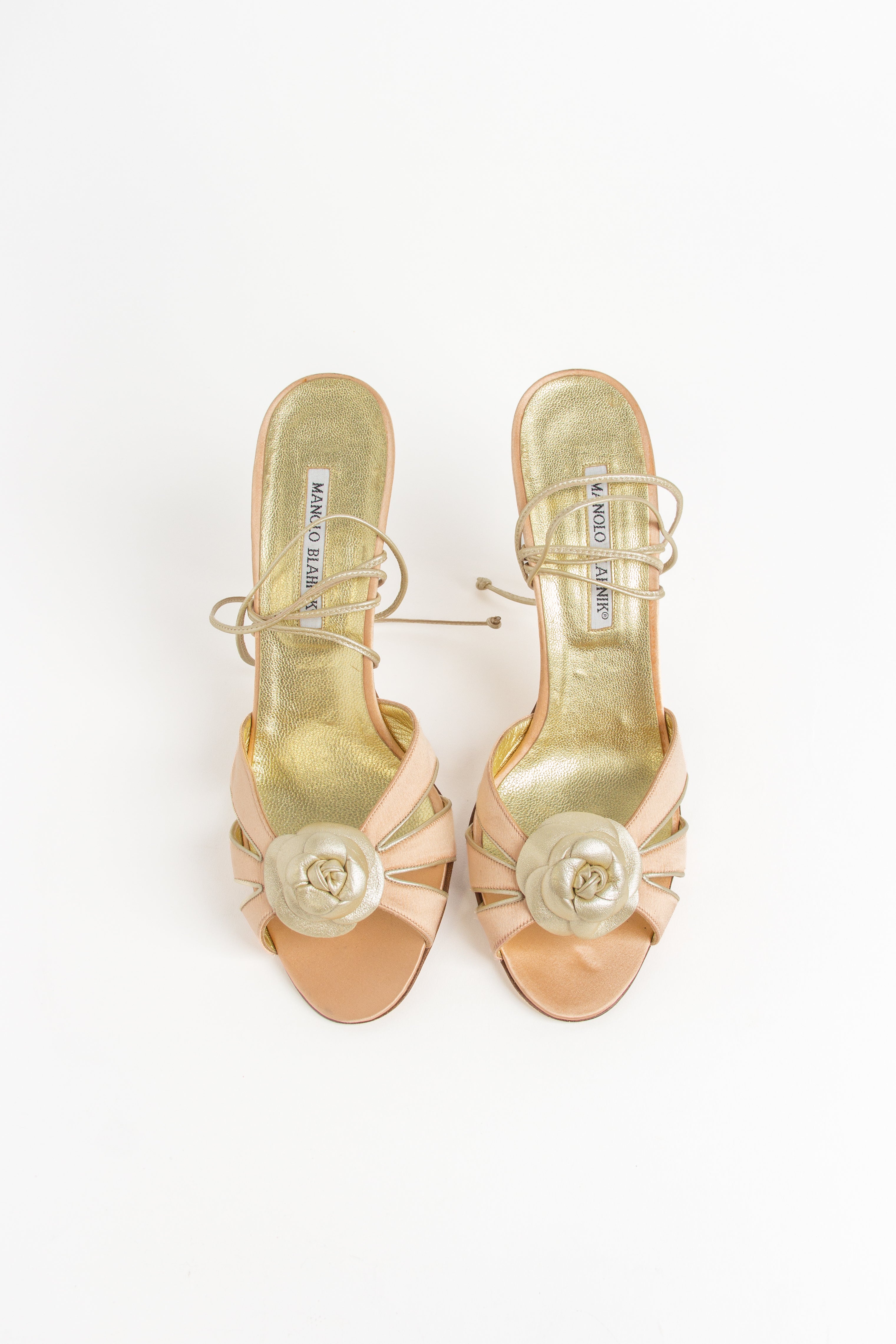 Manolo Blahnik Pink + Gold Floral Wrap Heels (IT 39.5)