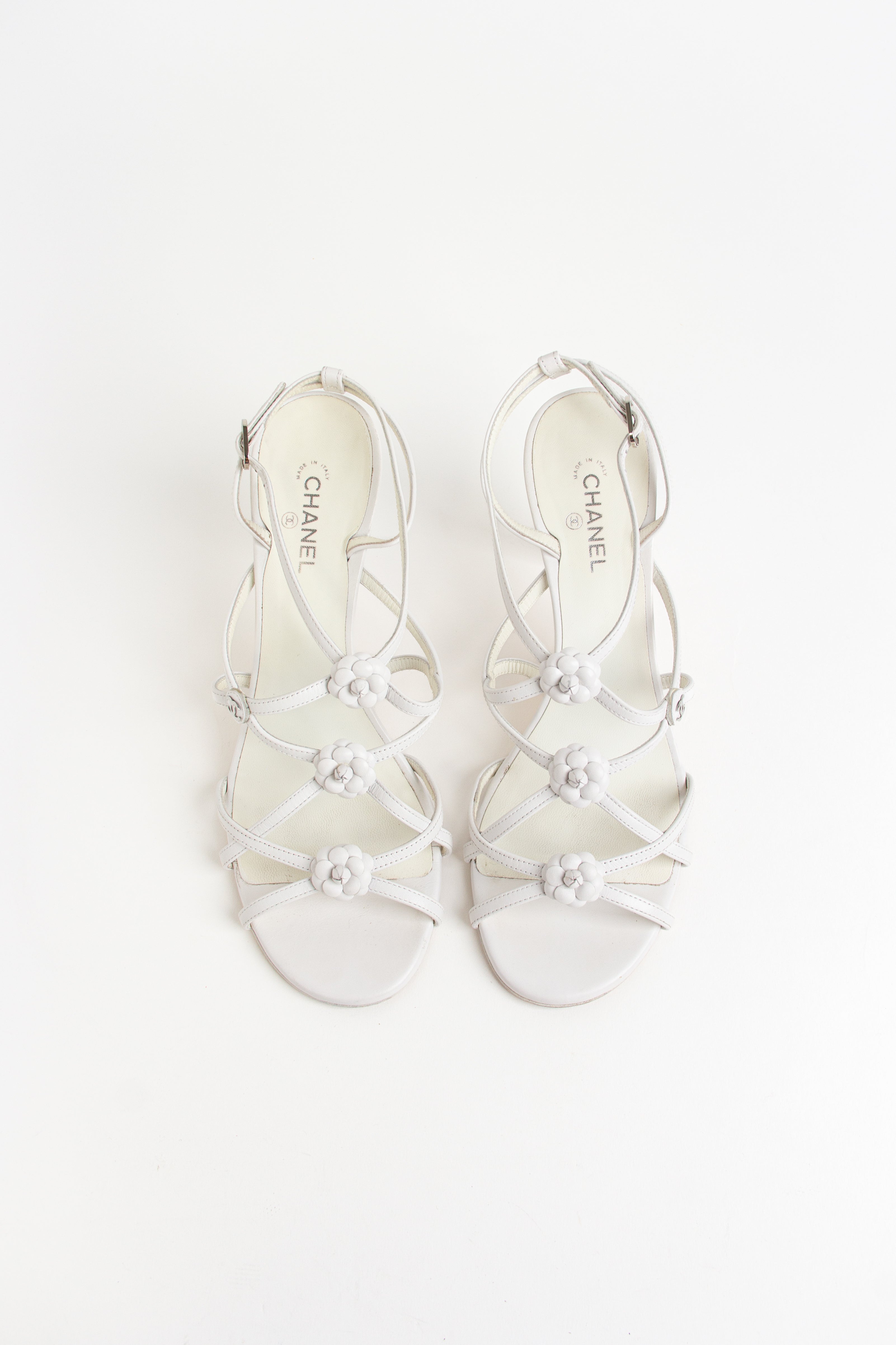 Chanel White Camellia Strappy Heels (IT 39)