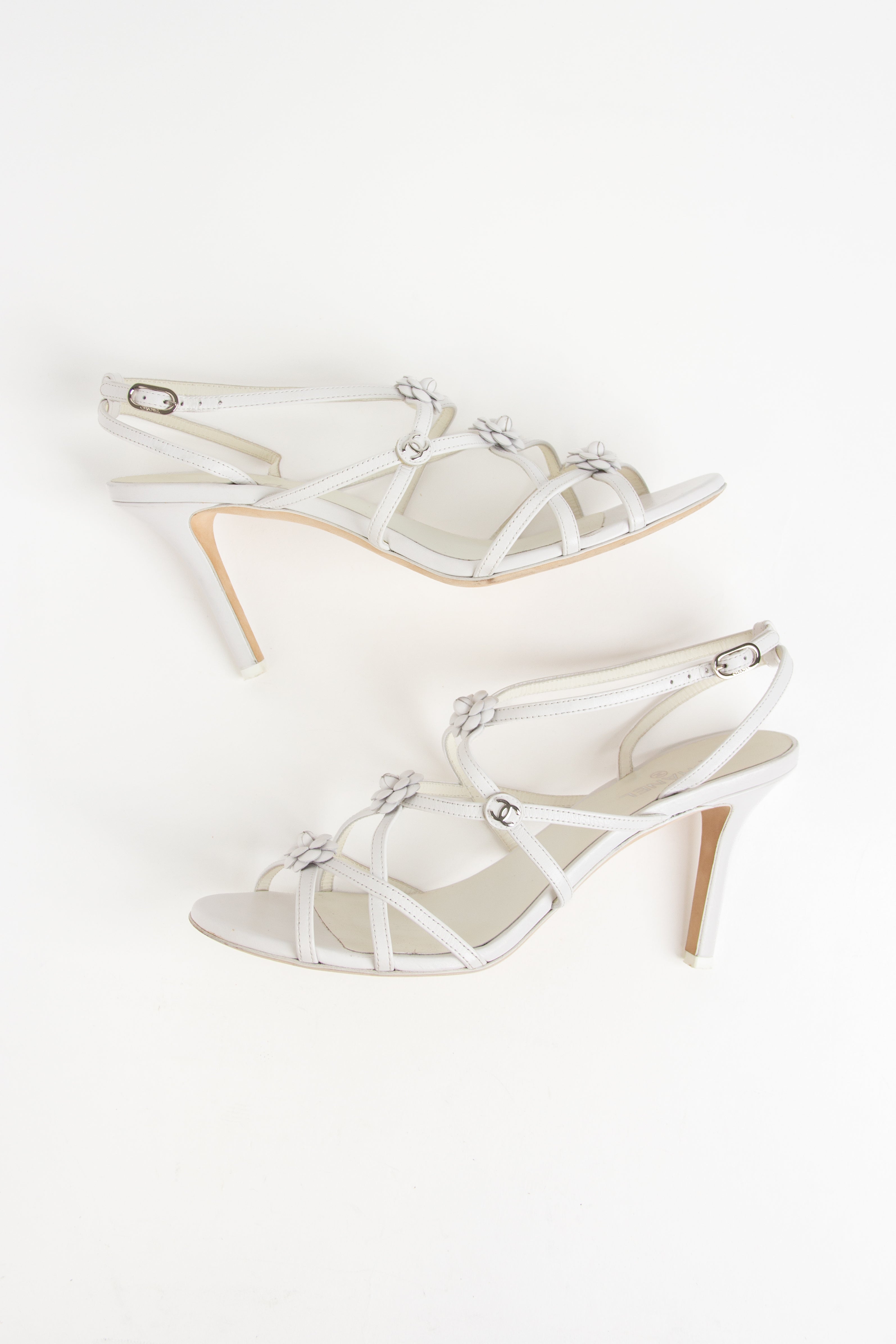 Chanel White Camellia Strappy Heels (IT 39)