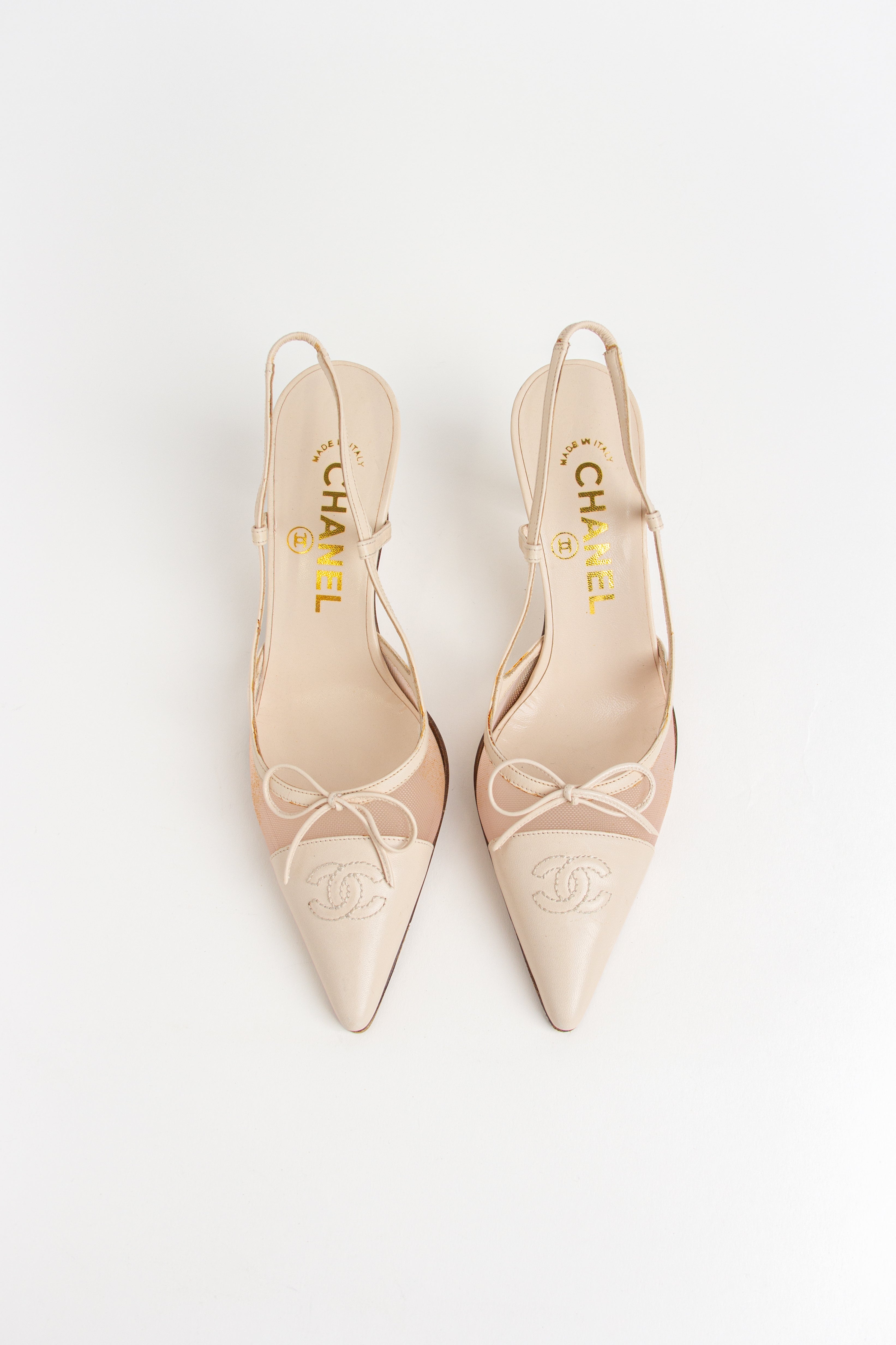 Chanel Ivory Mesh CC Bow Slingback Heels (IT 35.5)
