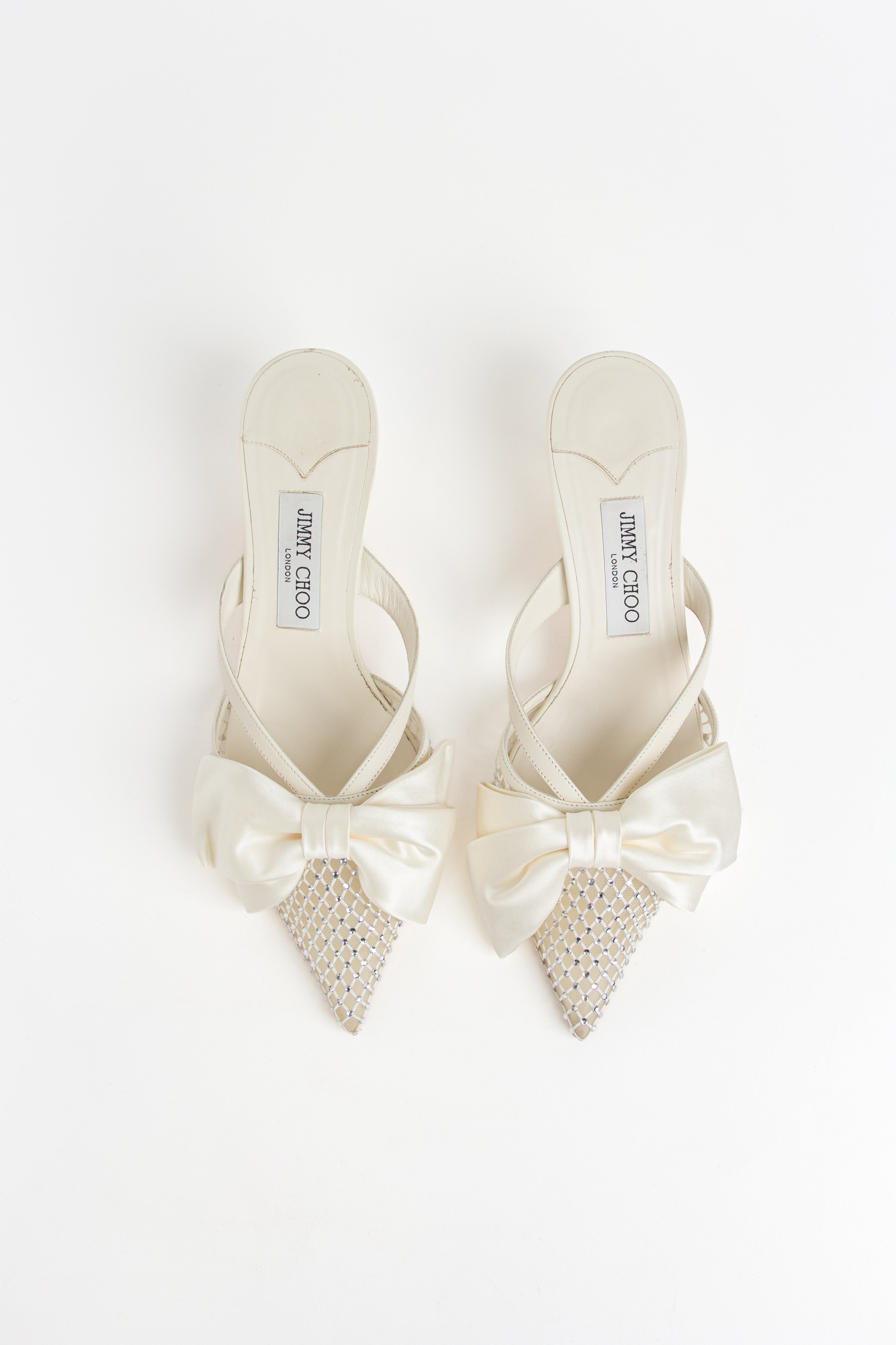 Jimmy Choo Ivory Satin Bow Crystal Mesh Mules (IT 40)