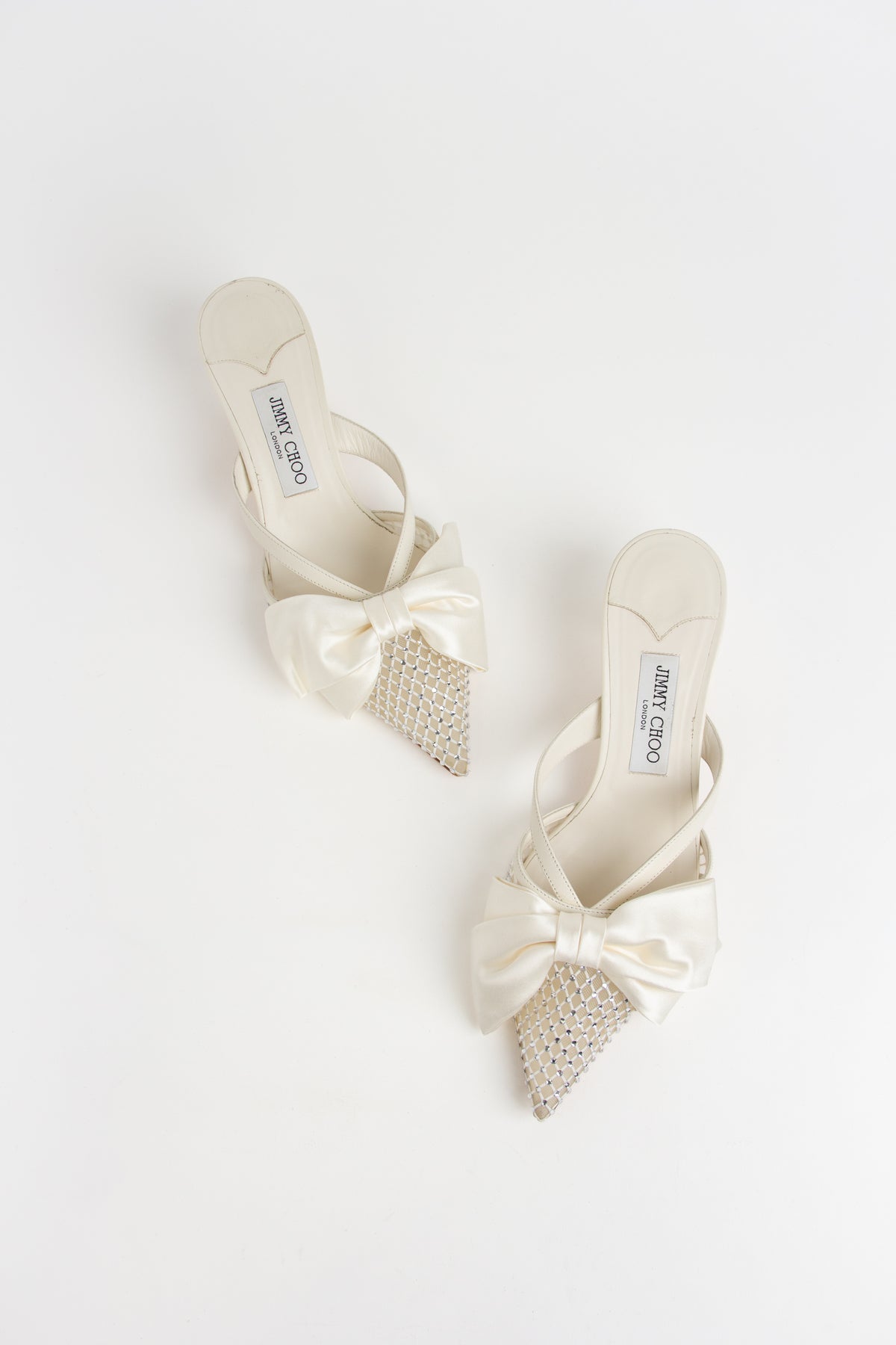 Jimmy Choo Ivory Satin Bow Crystal Mesh Mules (IT 40)