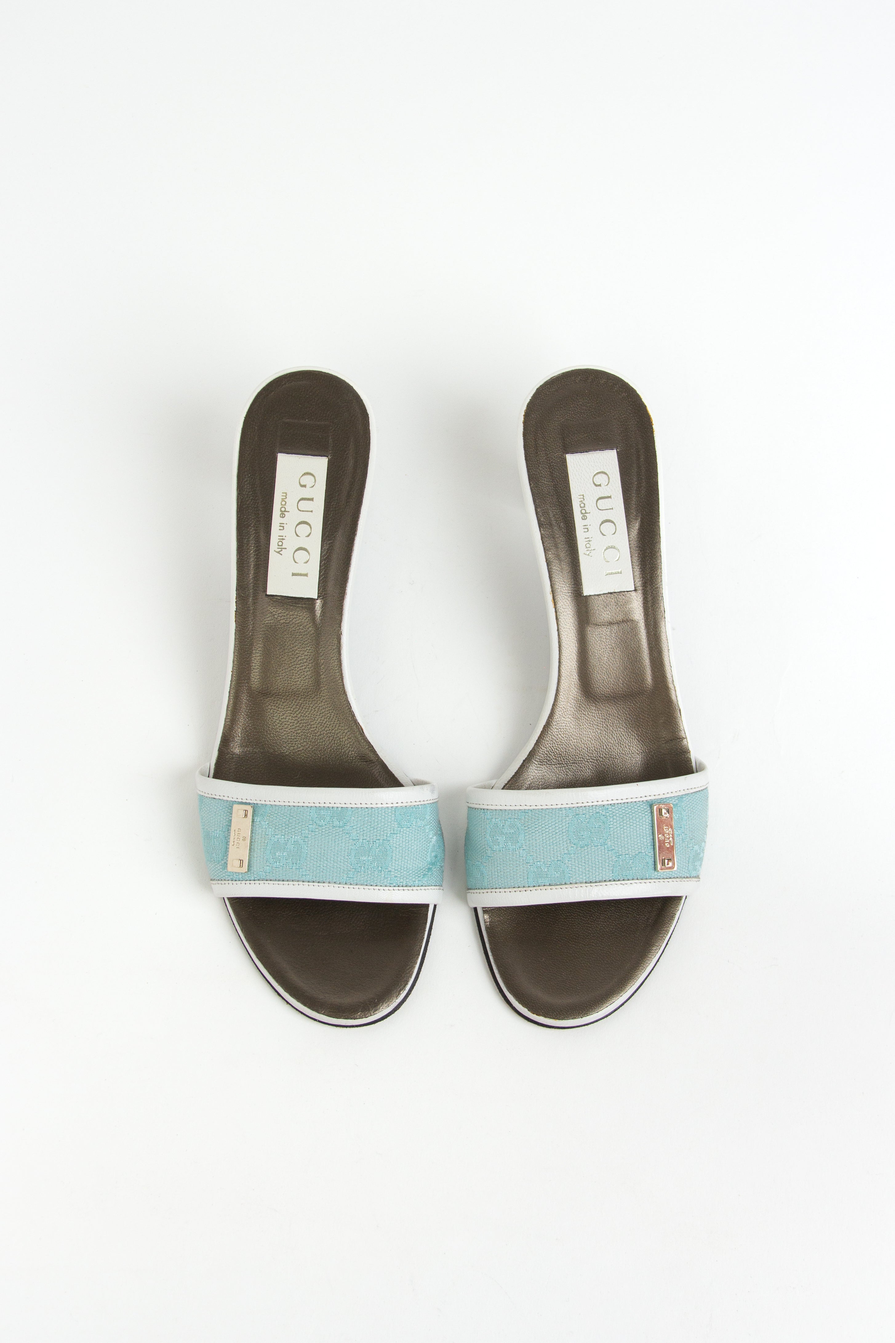 Gucci Light Blue + White Canvas Monogram Sandals (US 7.5)