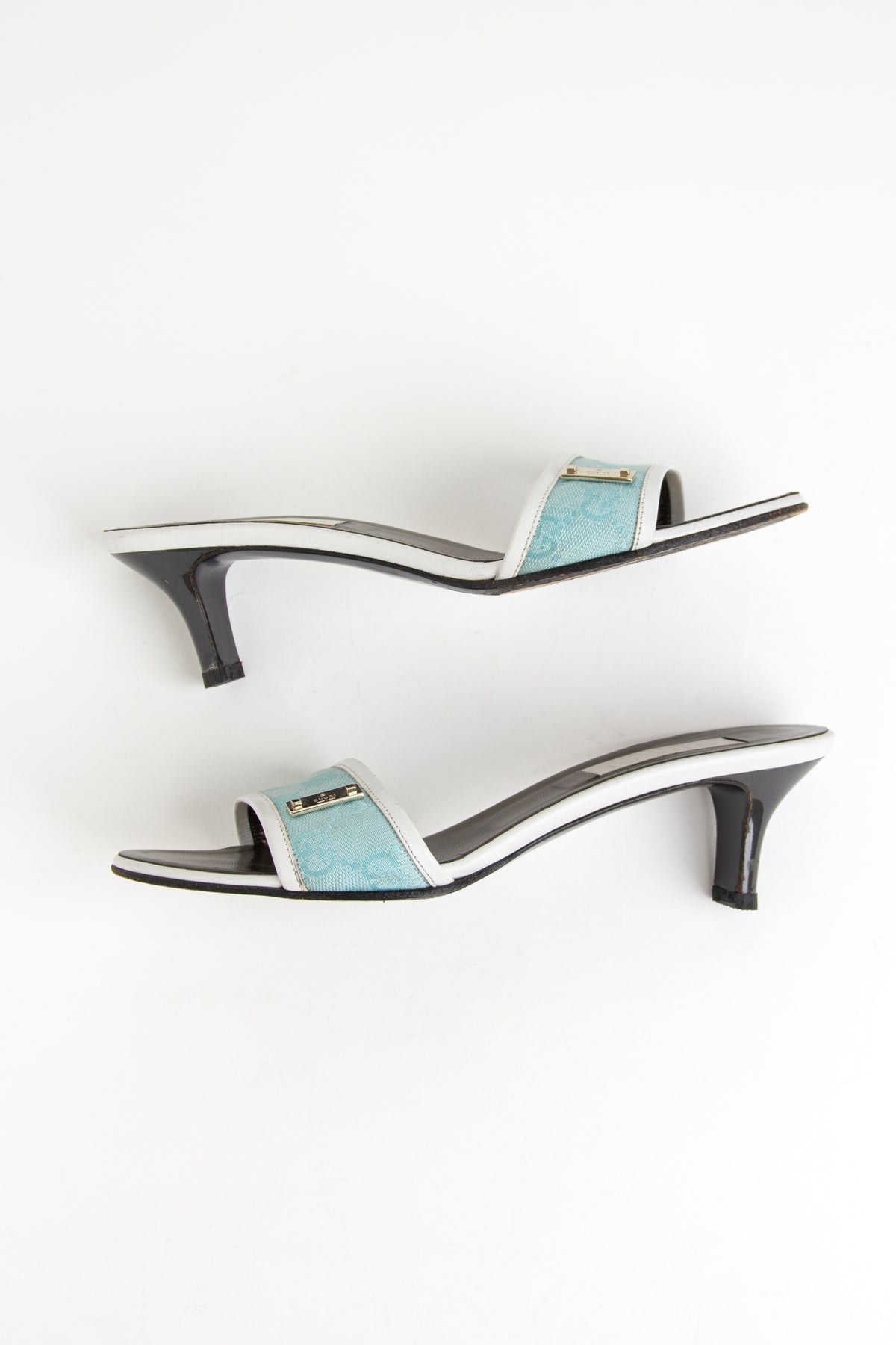 Gucci Light Blue + White Canvas Monogram Sandals (US 7.5)