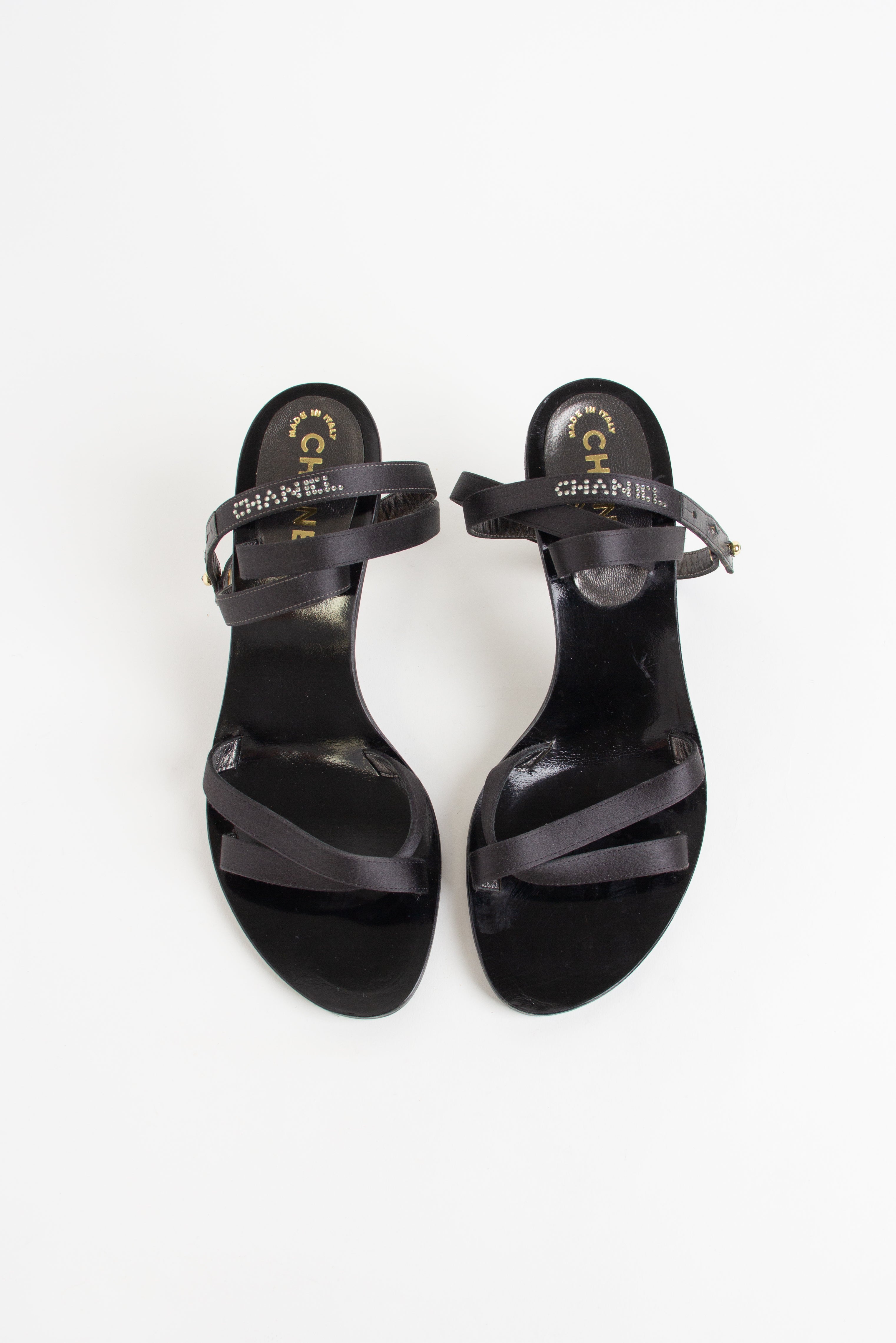 Rare Chanel Black Rhinestone Logo Wrap Heels (IT 38.5)